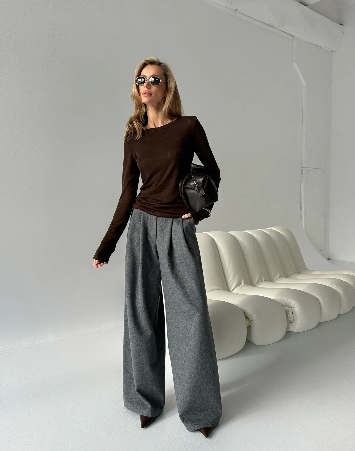 Zimowe spodnie oversize z 40% wełny, szary - Фото 3