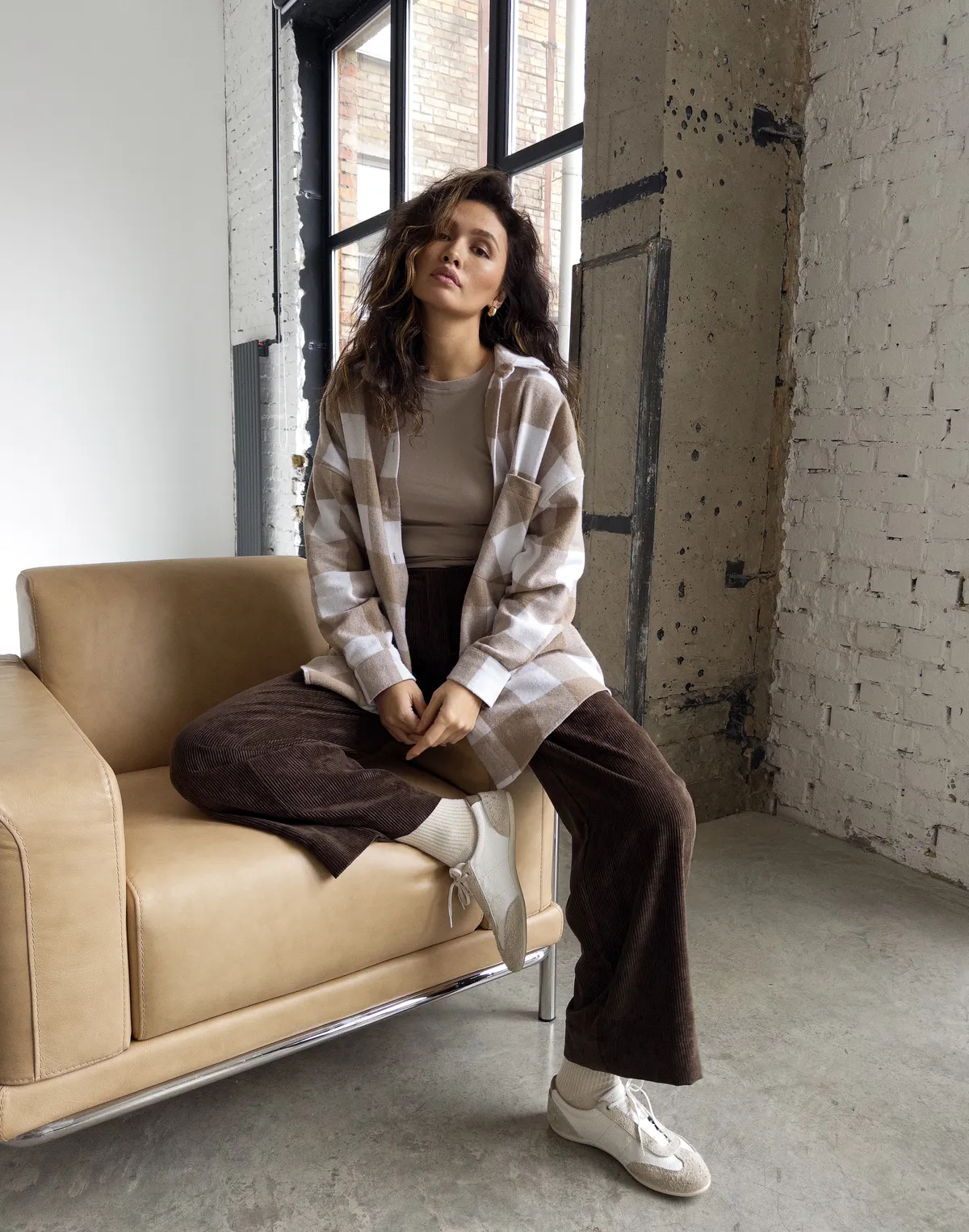 Ocieplana koszula w kratę, beżowo-biały - Фото 8