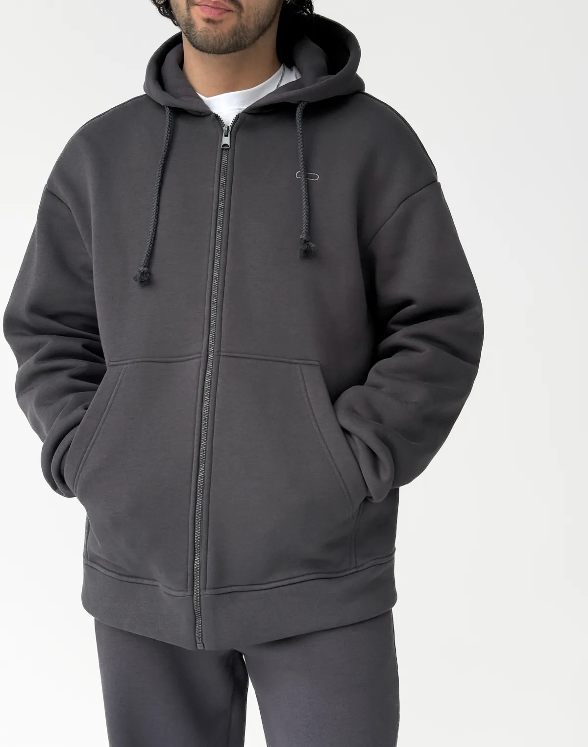Зіпер з капюшоном та начосом чоловічий, антрацит - Фото 1