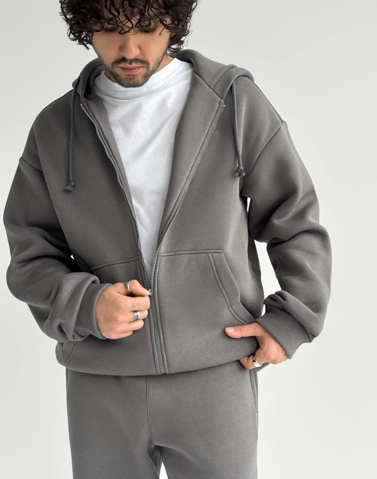 Зіпер з капюшоном та начосом чоловічий, темно-сірий - Фото 4