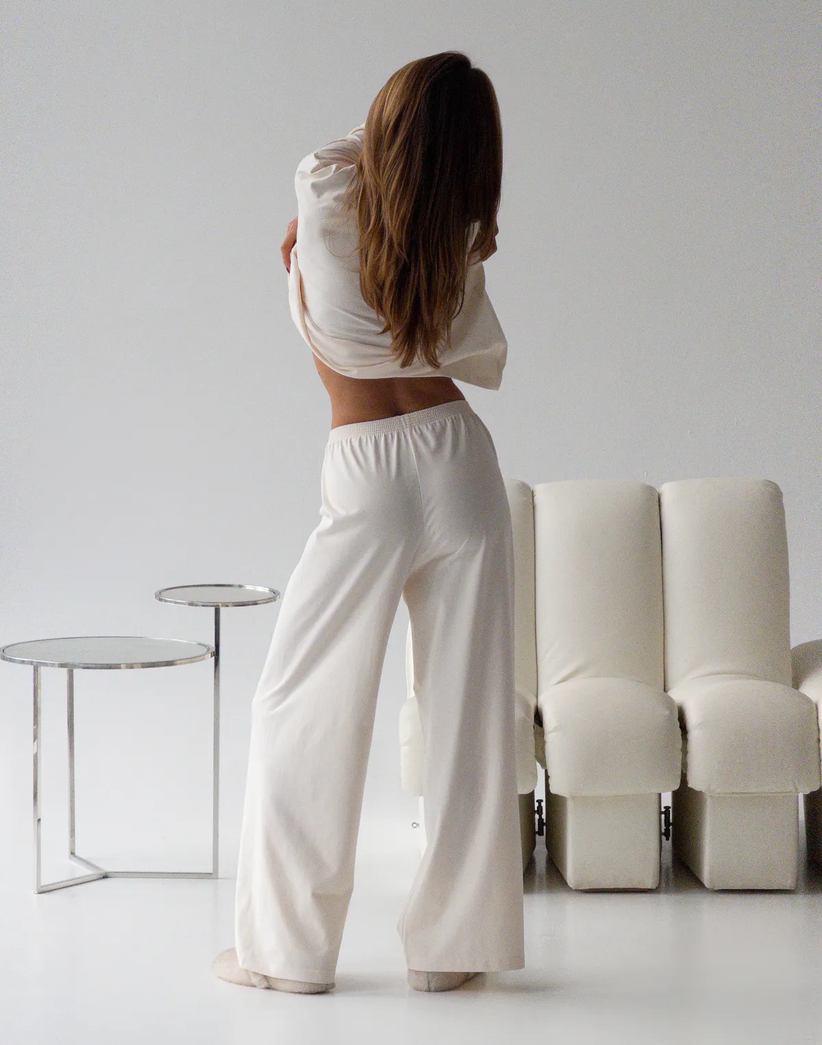 Піжамні штани з ніжної бавовняної тканини, екрю - Фото 4
