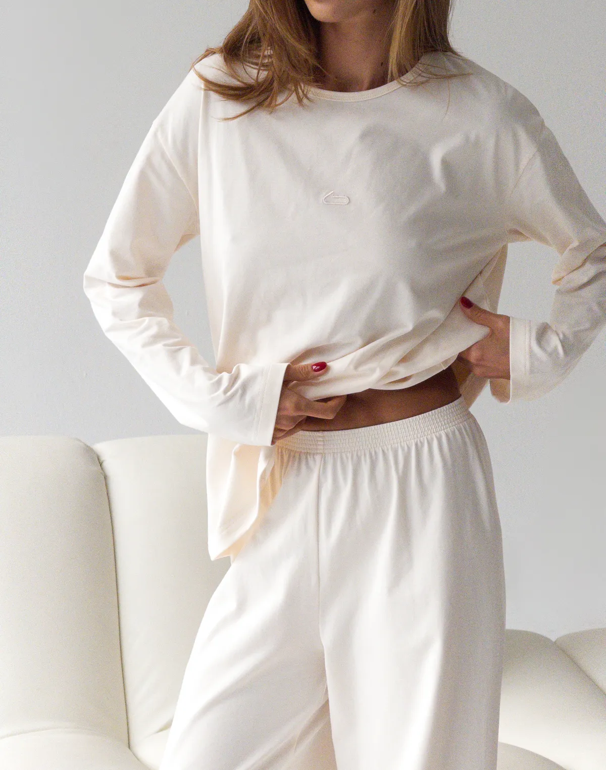 Піжамний лонгслів з ніжної бавовняної тканини, екрю - Фото 6