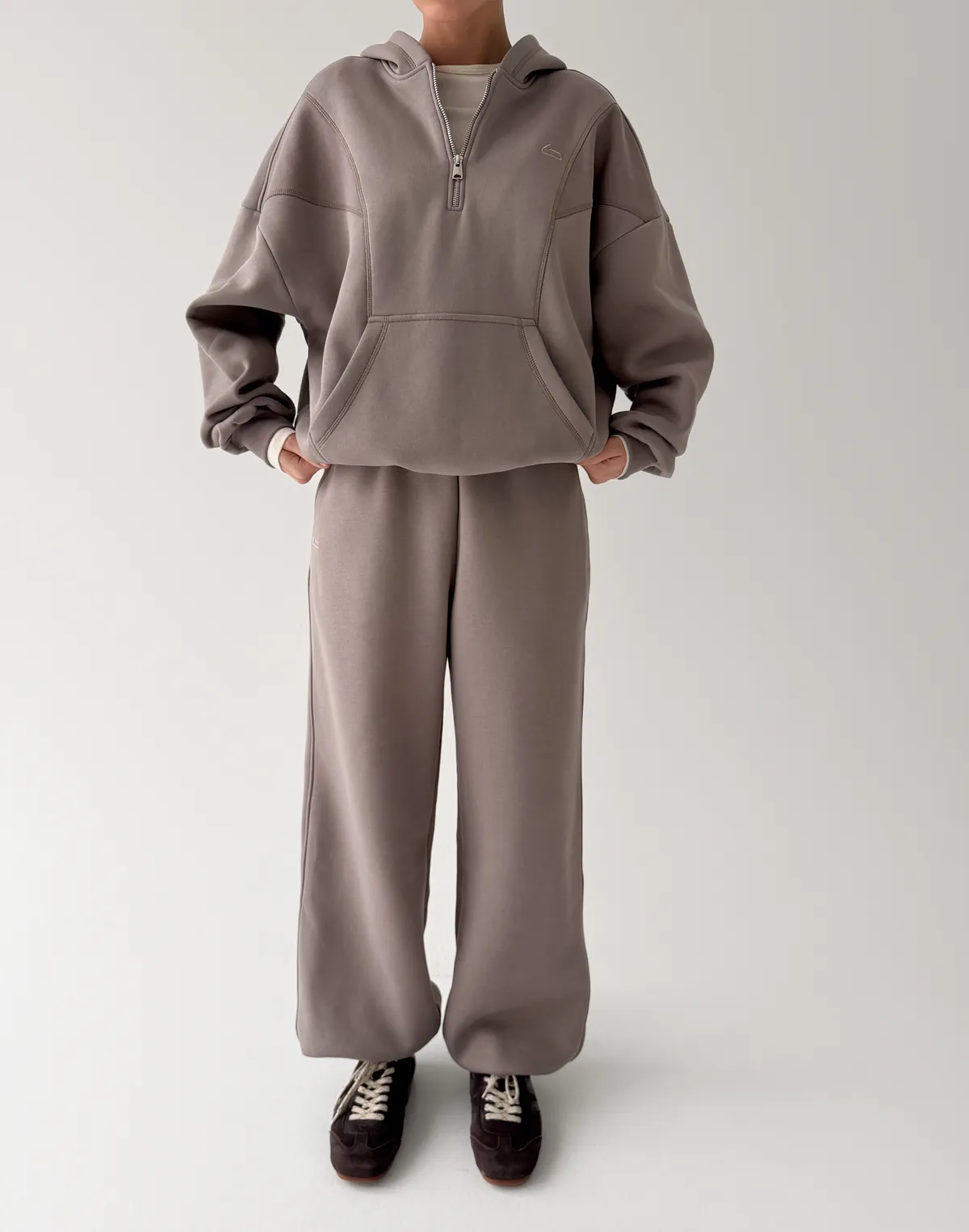 Комплект з начосом худі з блискавкою до середини та джогери оверсайз, сіро-кавові - Фото 1