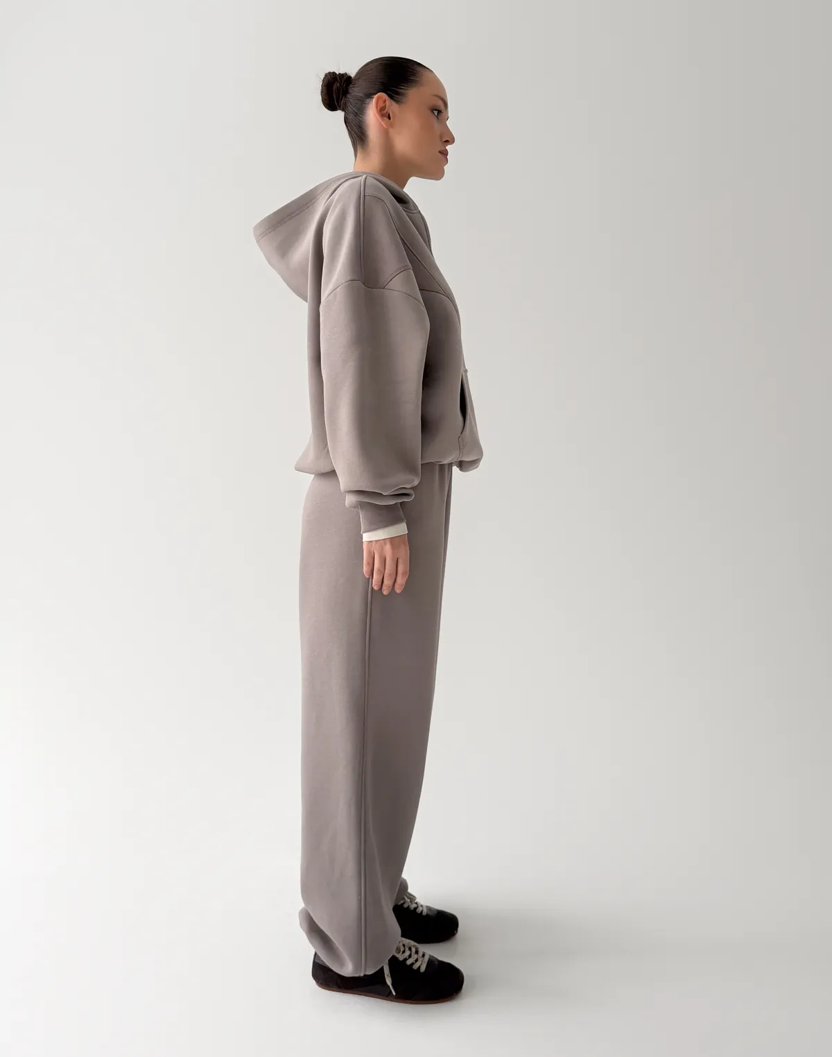 Комплект з начосом худі з блискавкою до середини та джогери оверсайз, сіро-кавові - Фото 5