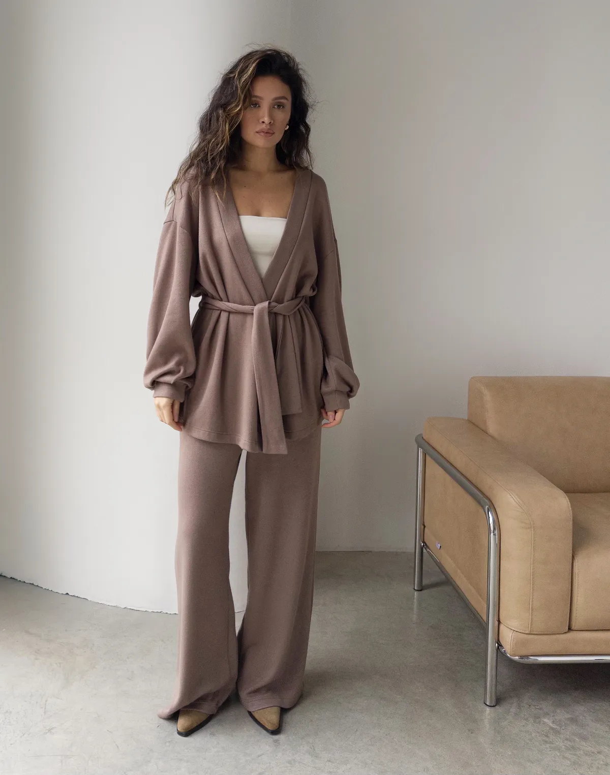 Кофта-кімоно з тканини з імітацією ангори, капучіно - Фото 4