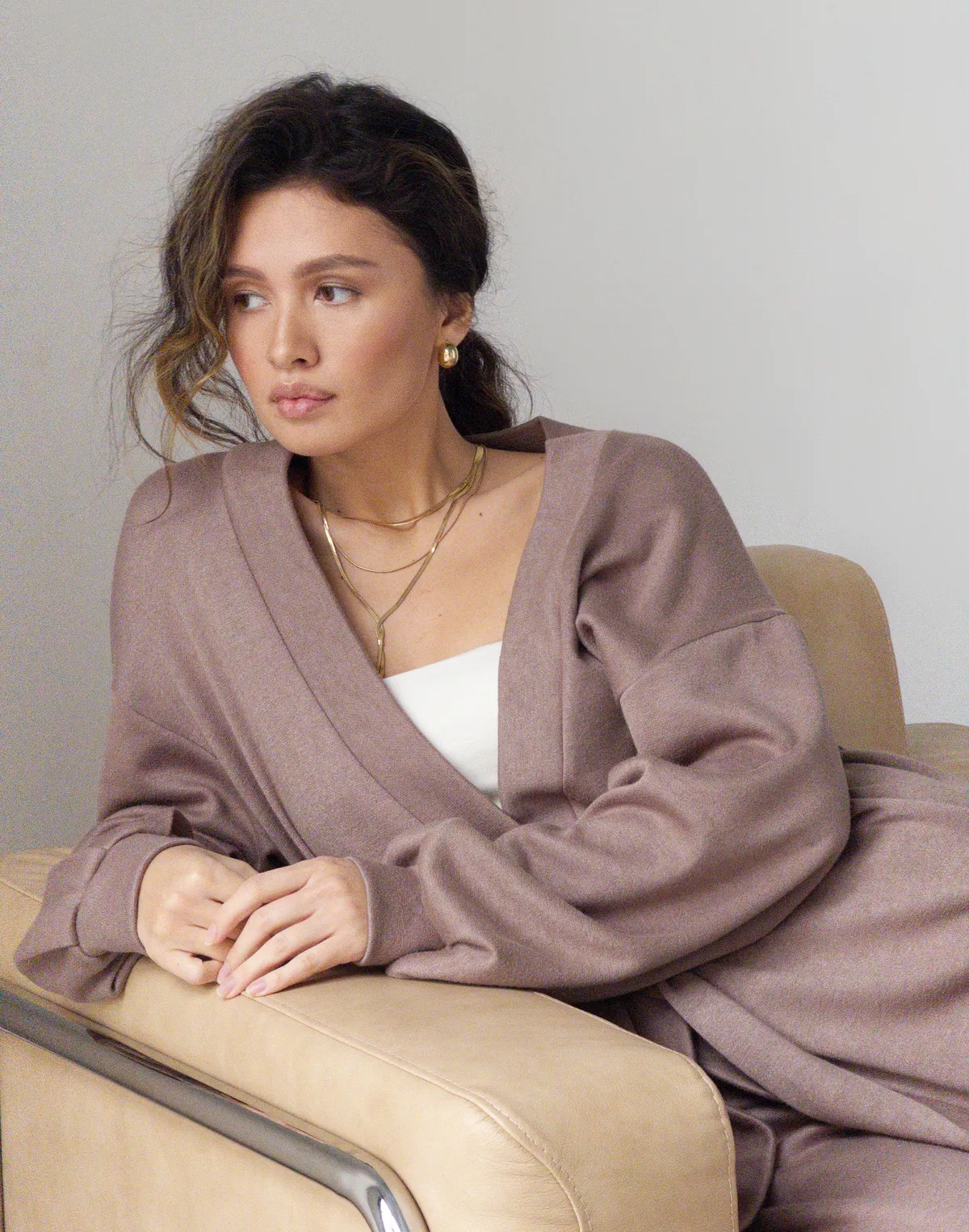 Кофта-кімоно з тканини з імітацією ангори, капучіно - Фото 3