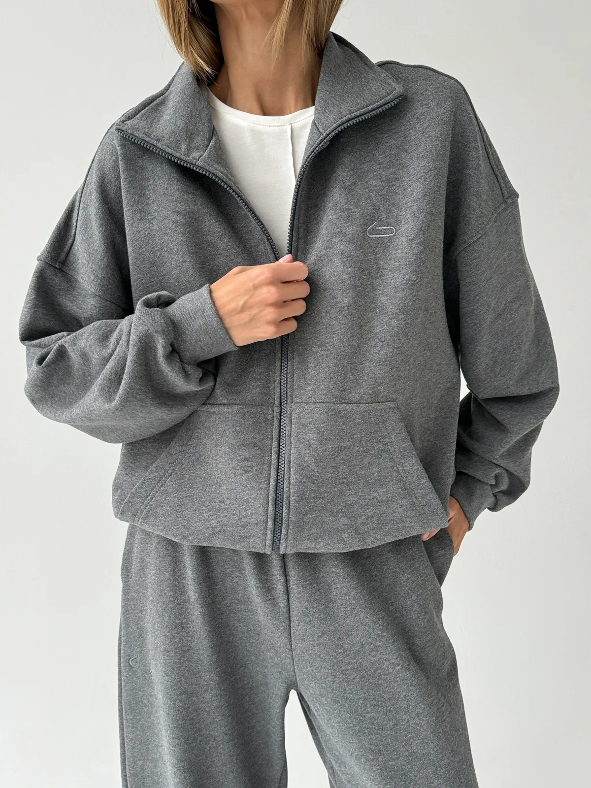 Зіпер жіночий оверсайз з кишенею, темний меланж - Фото 6