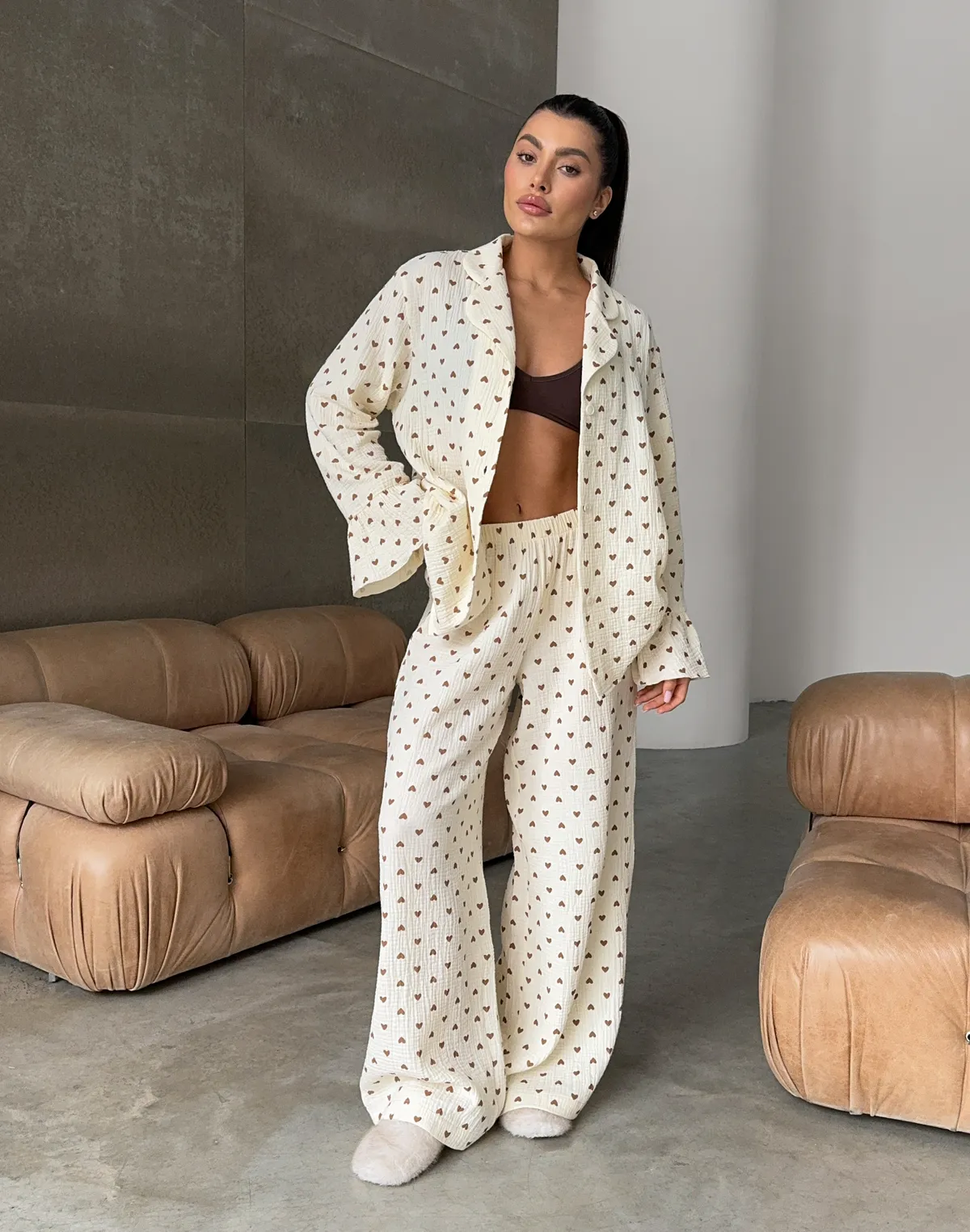 Штани піжамні, кремово-коричневі - Фото 8