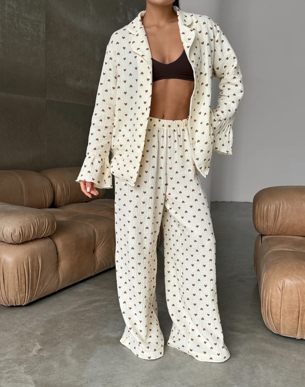 Комплект піжамний сорочка і штани, кремово-коричневі - Фото 1