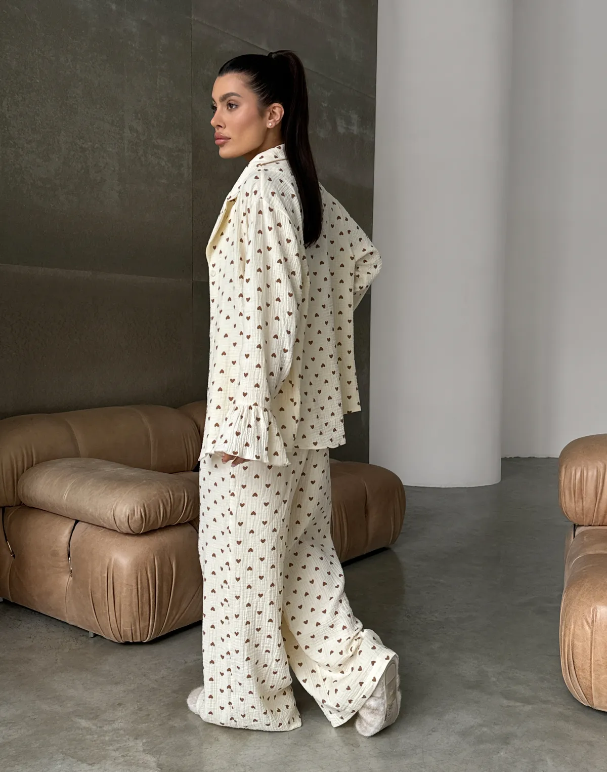 Комплект піжамний сорочка і штани, кремово-коричневі - Фото 7