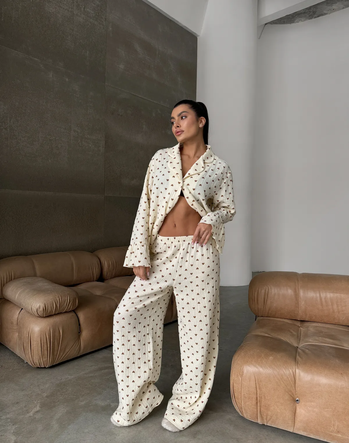 Штани піжамні, кремово-коричневі - Фото 3