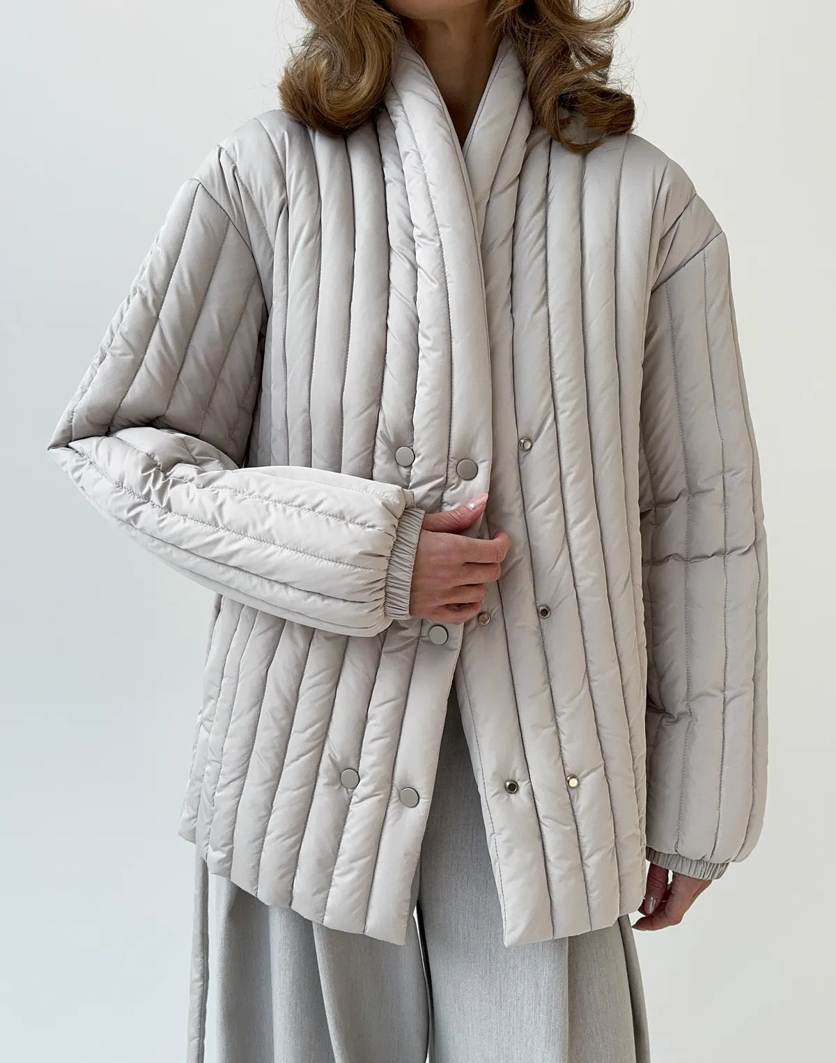 Куртка двухстороння весняна стьогана, бежева - Фото 1