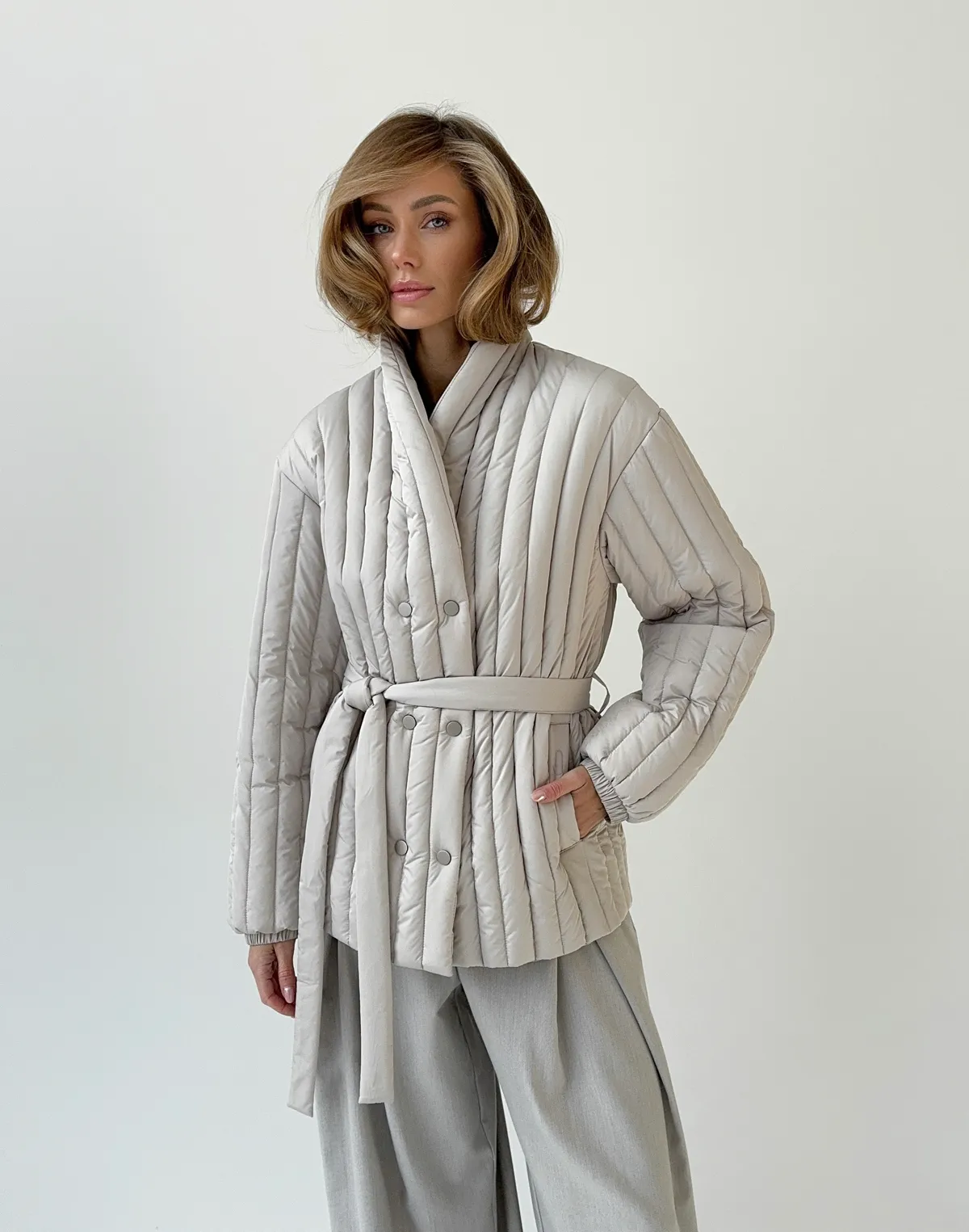 Куртка двухстороння весняна стьогана, бежева - Фото 8