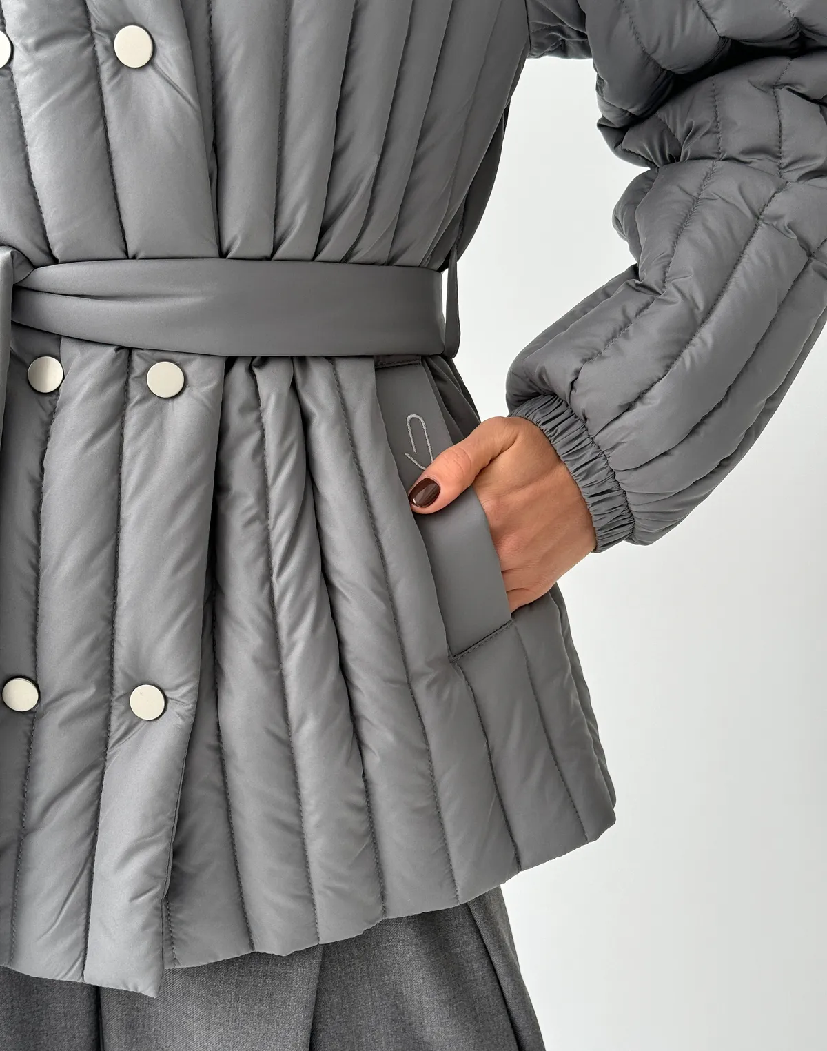 Куртка двухстороння весняна стьогана, сіра - Фото 6