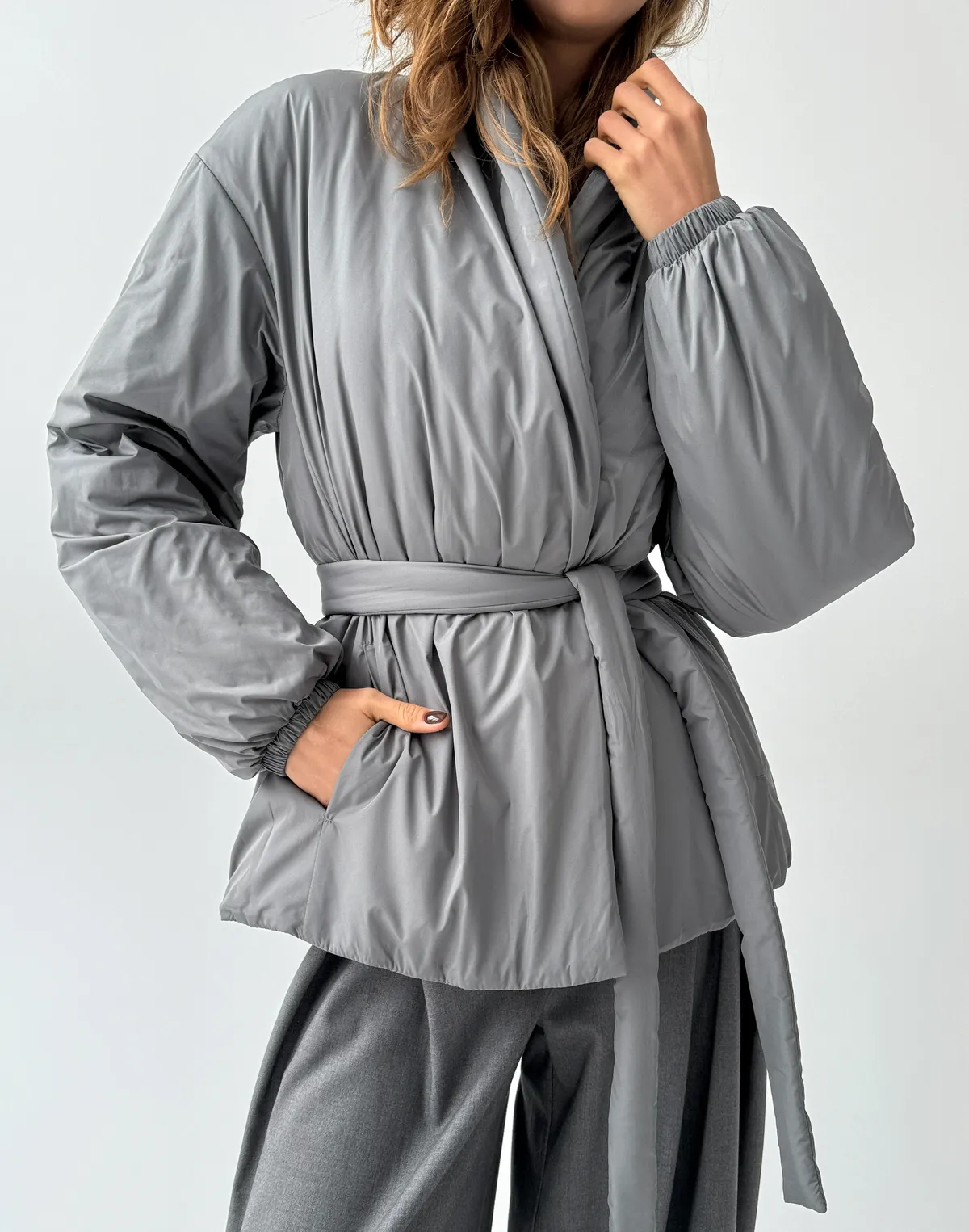 Куртка двухстороння весняна стьогана, сіра - Фото 4