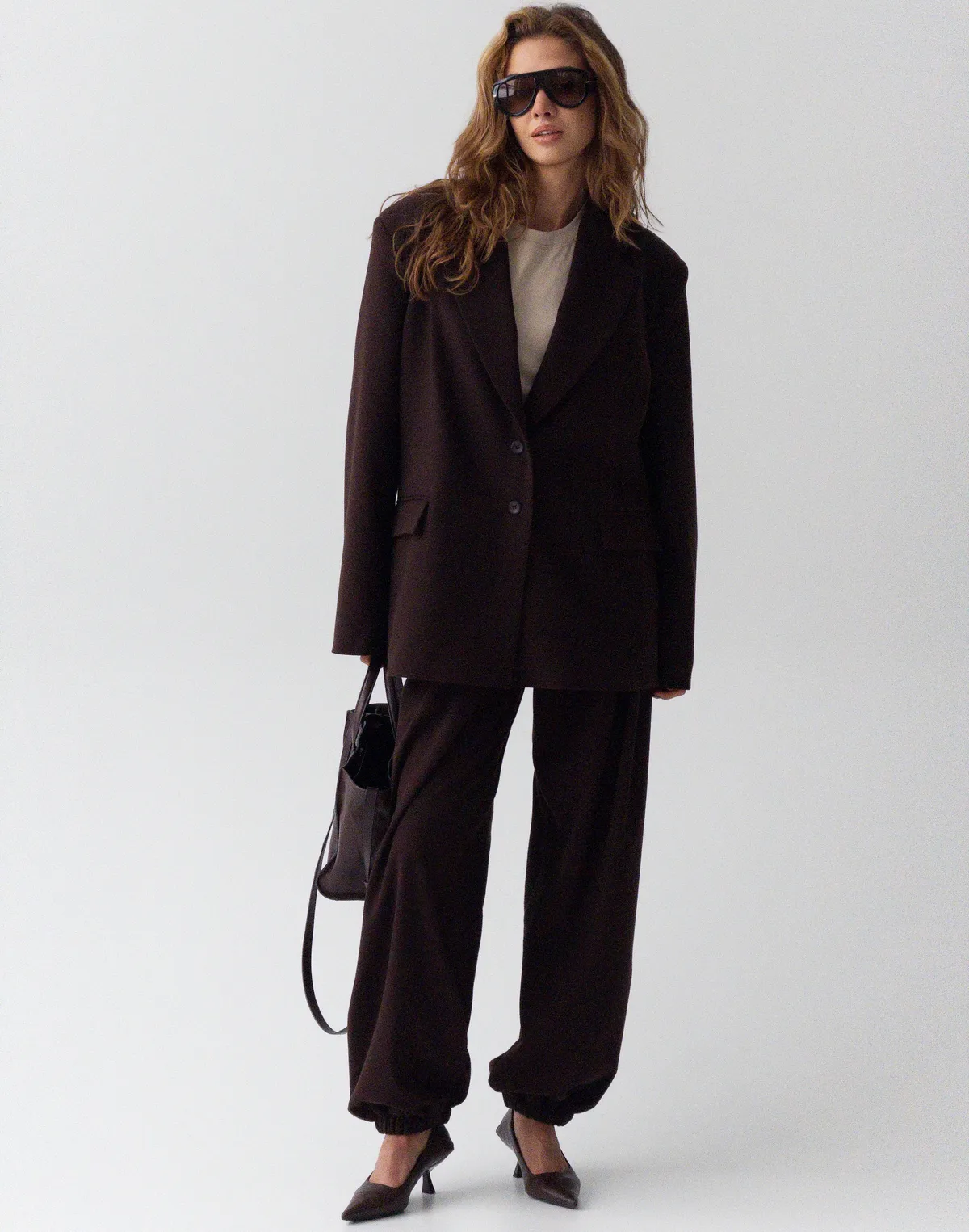 Жакет оверсайз з чоловічого плеча, шоколадний - Фото 6