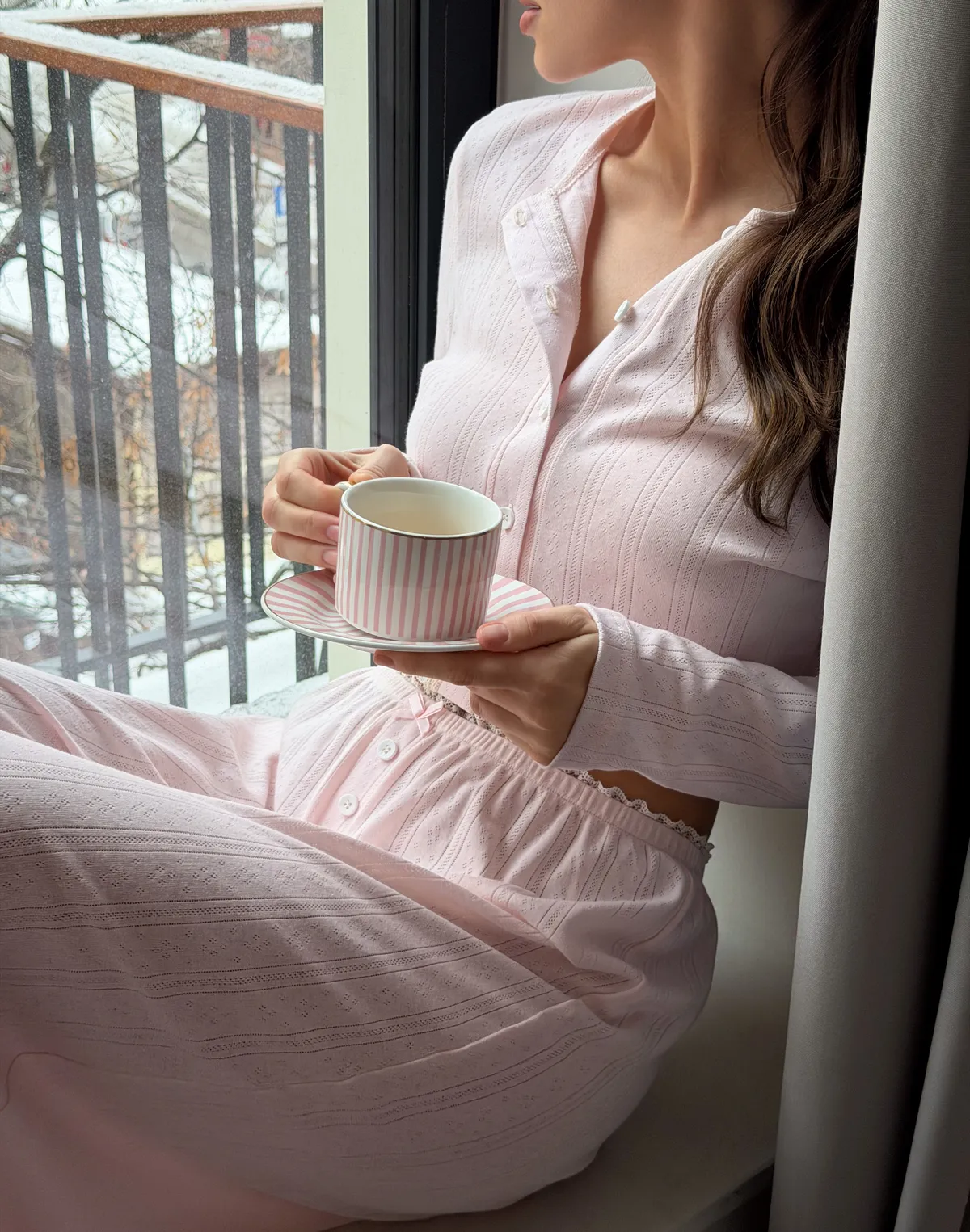 Кофтинка піжамна на ґудзиках, пастельно-рожева - Фото 3