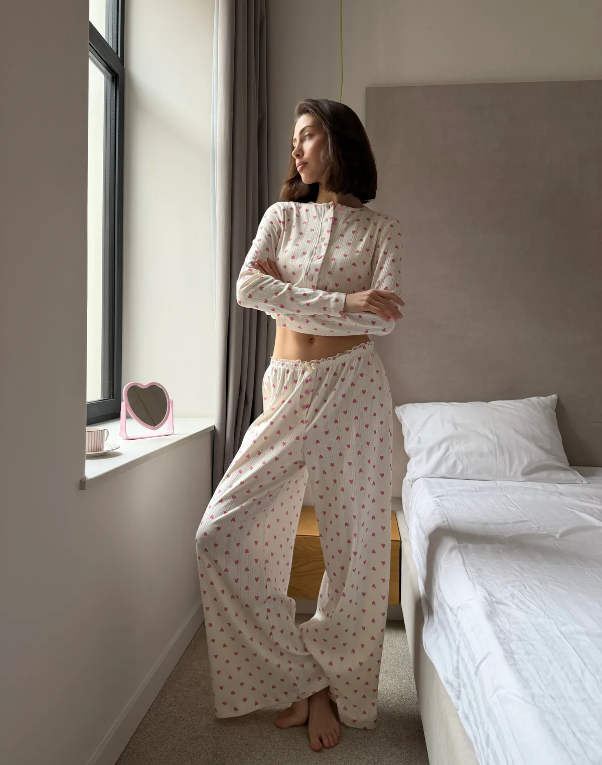 Піжамні штани для дому, айворі в рожеві сердечка - Фото 7