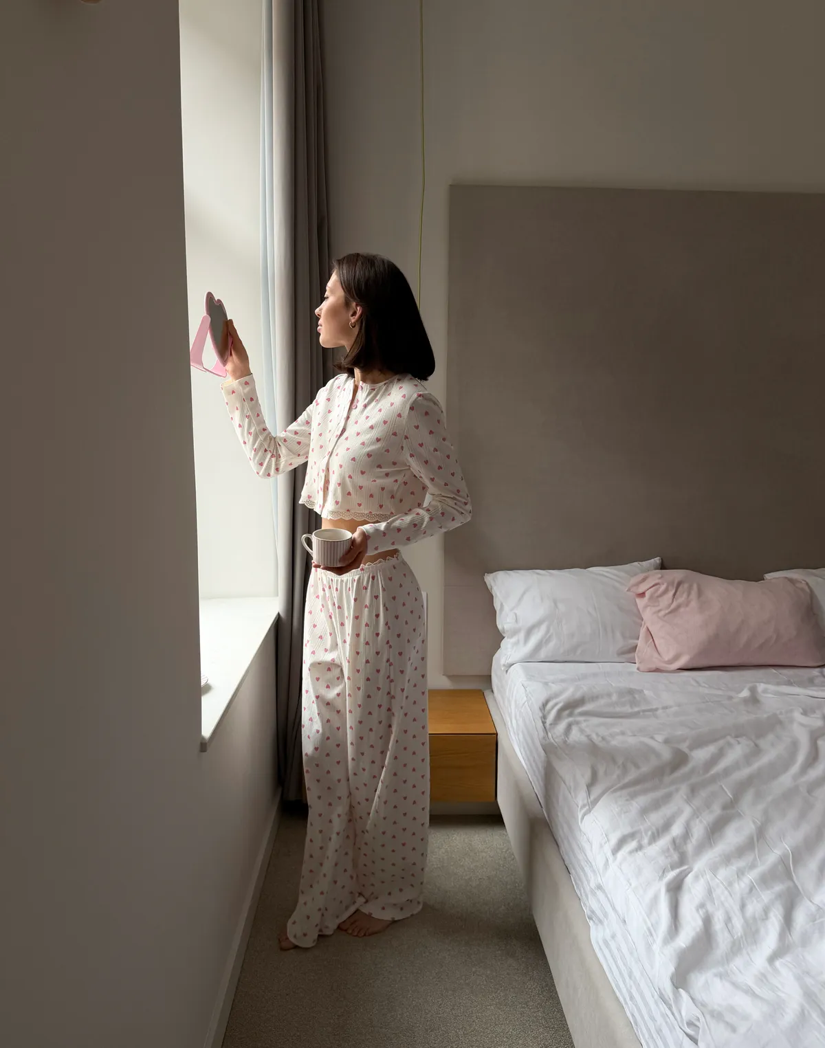 Піжамні штани для дому, айворі в рожеві сердечка - Фото 4