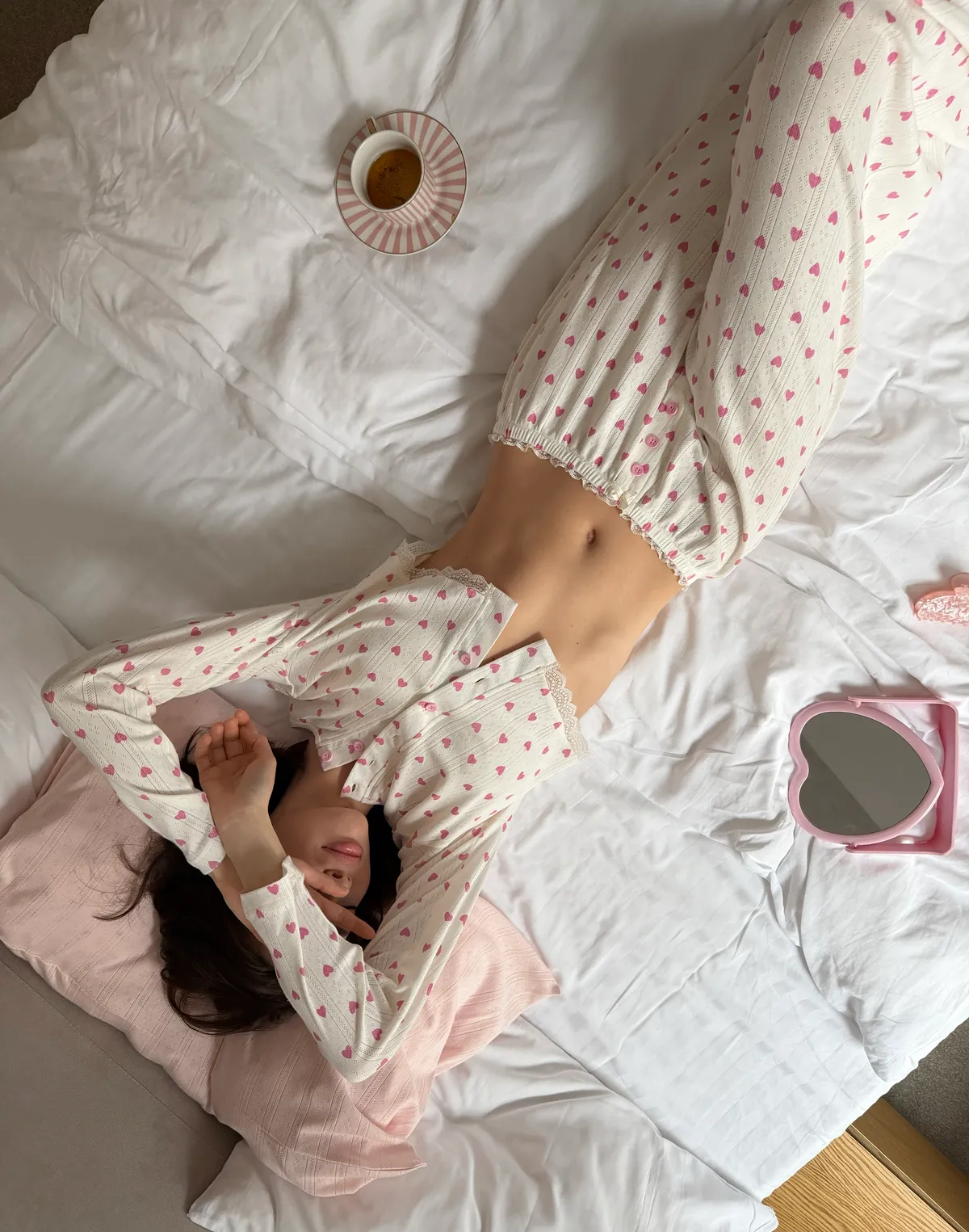 Піжамні штани для дому, айворі в рожеві сердечка - Фото 3