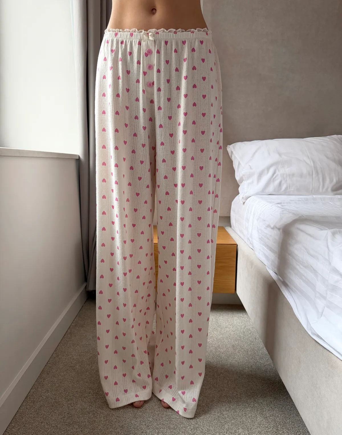 Піжамні штани для дому, айворі в рожеві сердечка - Фото 1