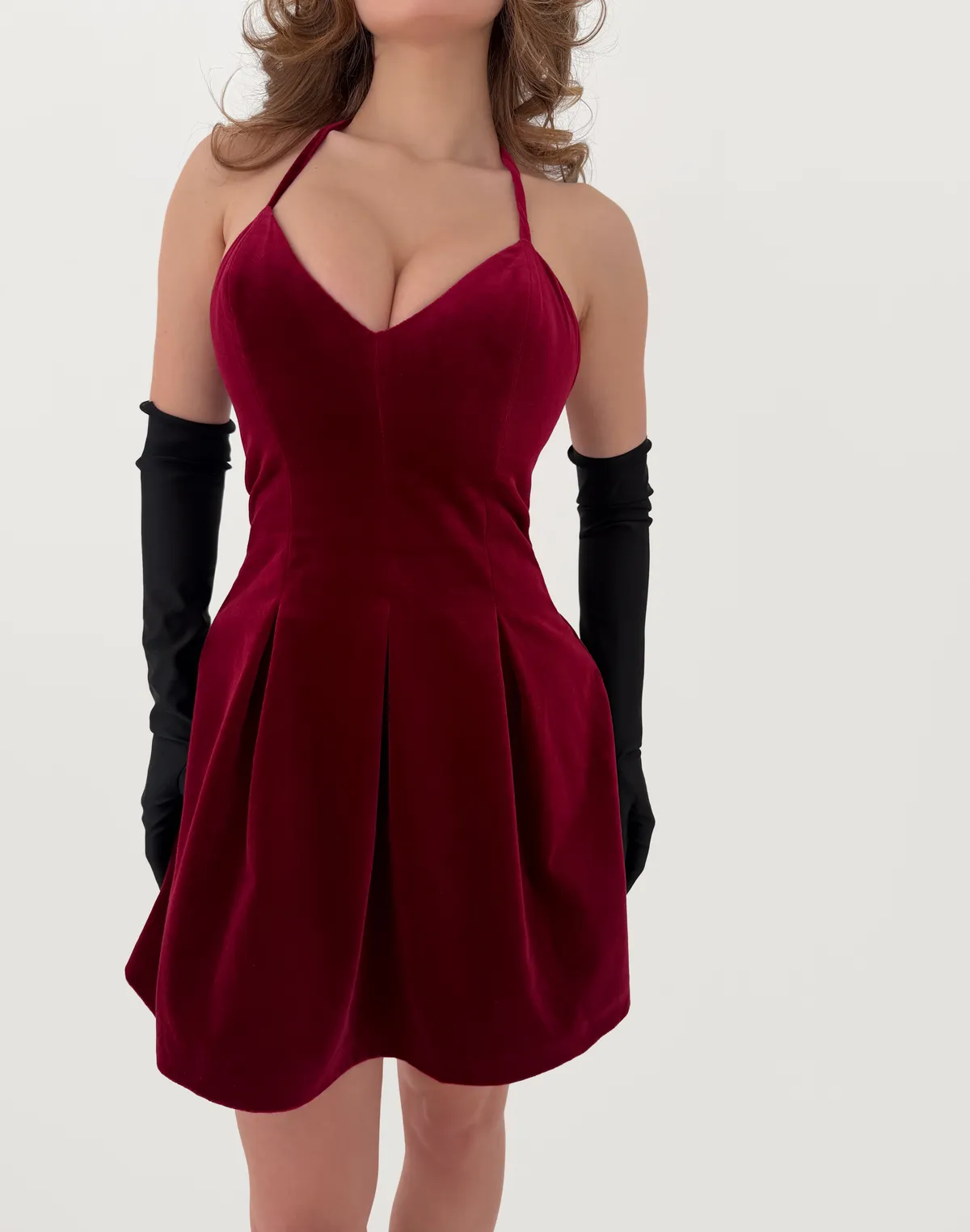 Сукня міні велюрова з моделюючими швами із 100% бавовни, червона - Фото 7