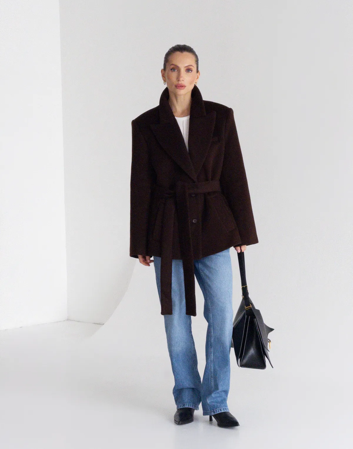 Пальто вкорочене весняне зі 100% вовни, темний шоколад - Фото 7