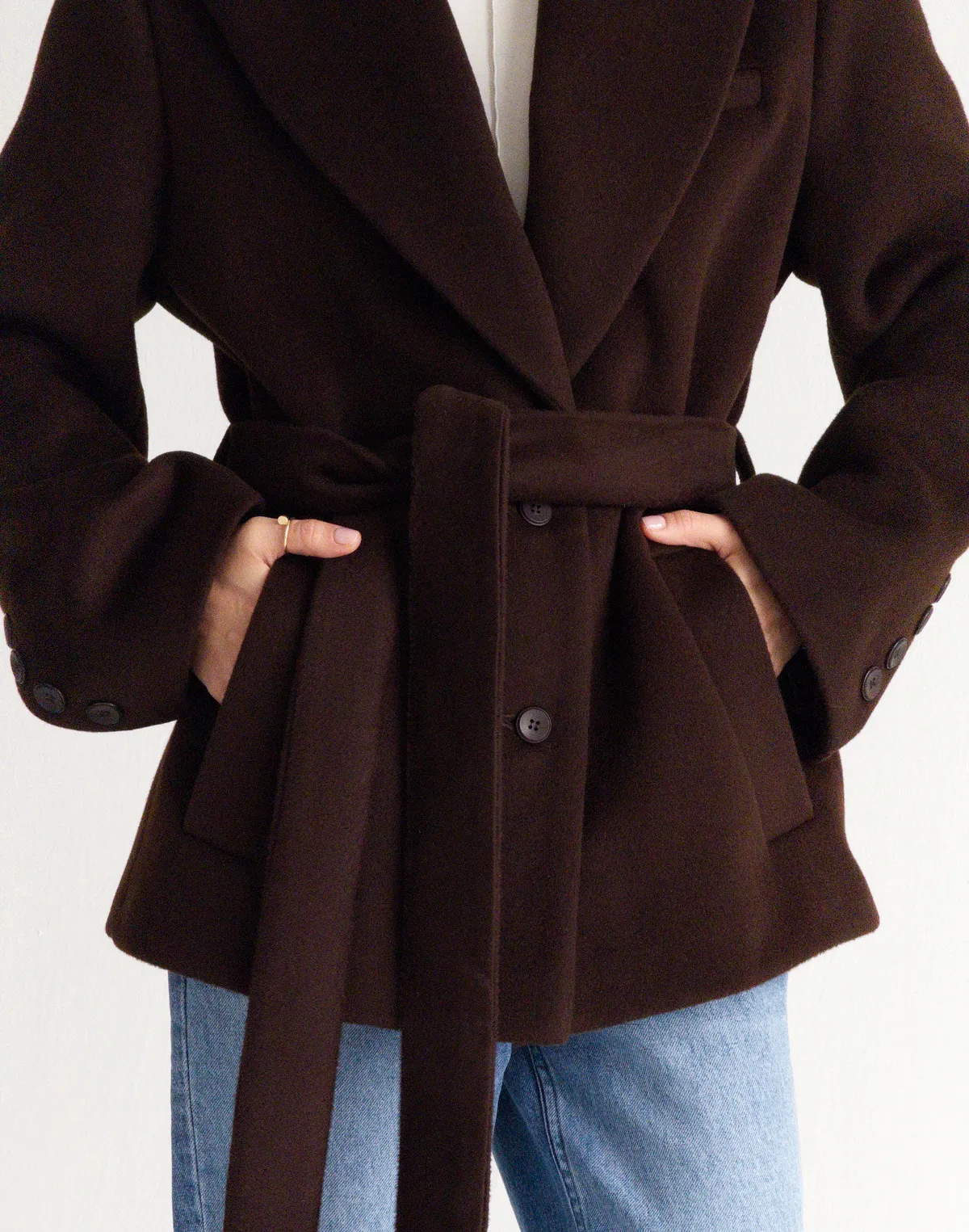 Пальто вкорочене весняне зі 100% вовни, темний шоколад - Фото 6