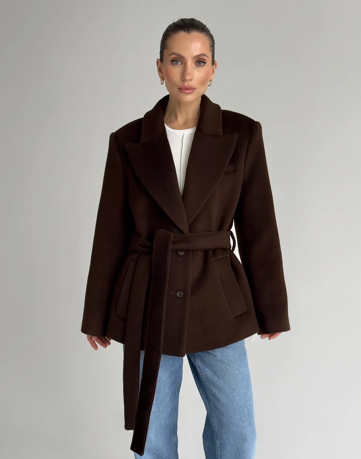 Пальто вкорочене весняне зі 100% вовни, темний шоколад - Фото 4
