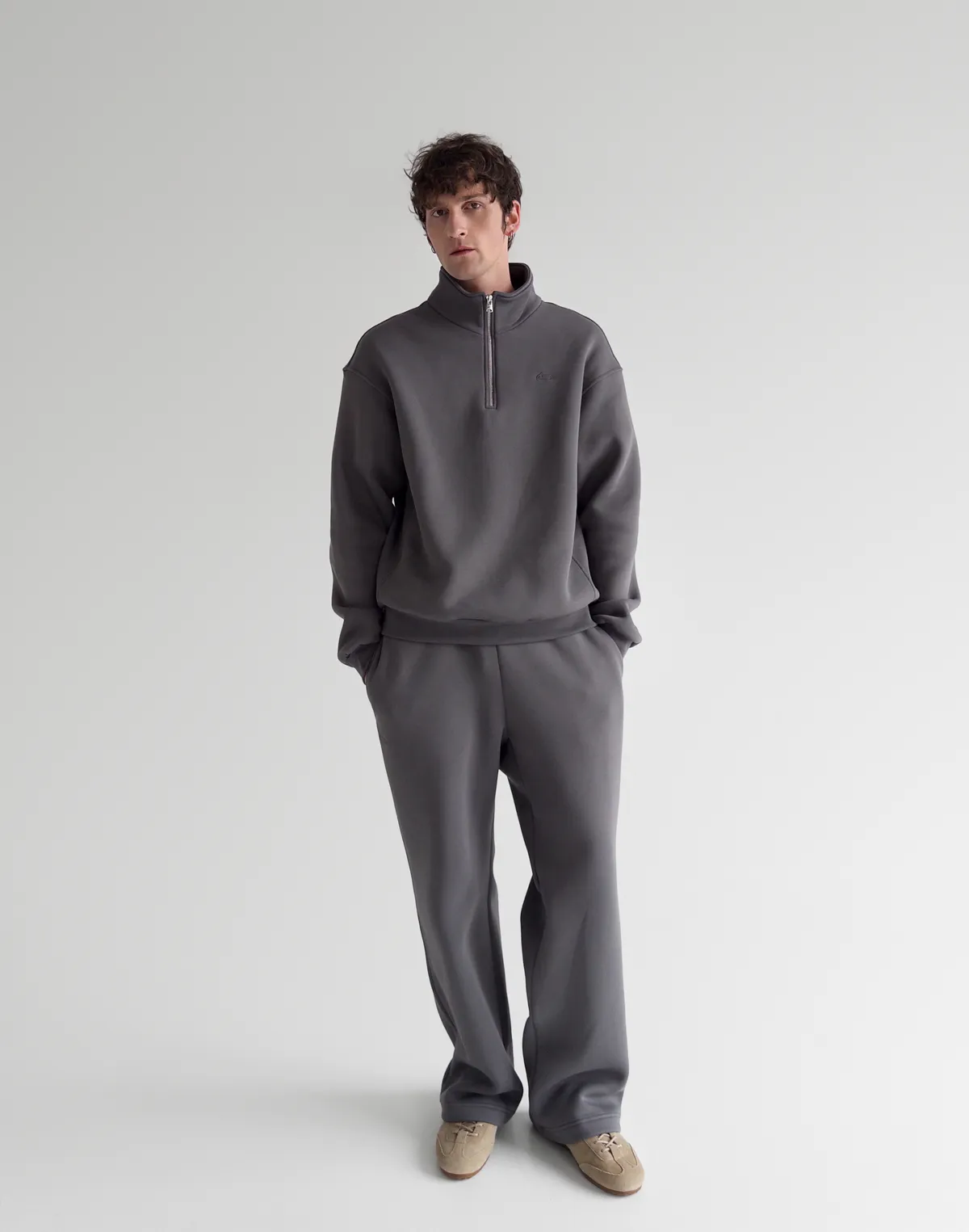 Комплект чоловічій світшот на блискавці до середини та штани базові зі шнурком, темний сірий - Фото 1