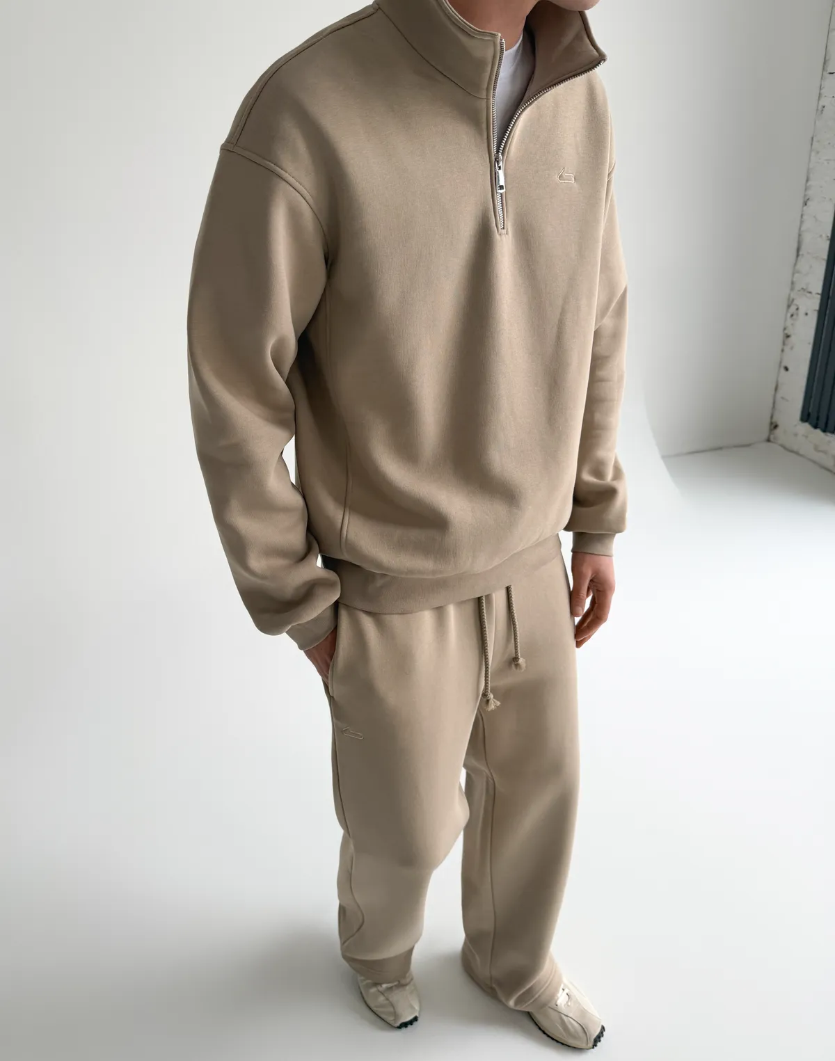 Комплект чоловічій світшот на блискавці до середини та штани базові зі шнурком, лате - Фото 1