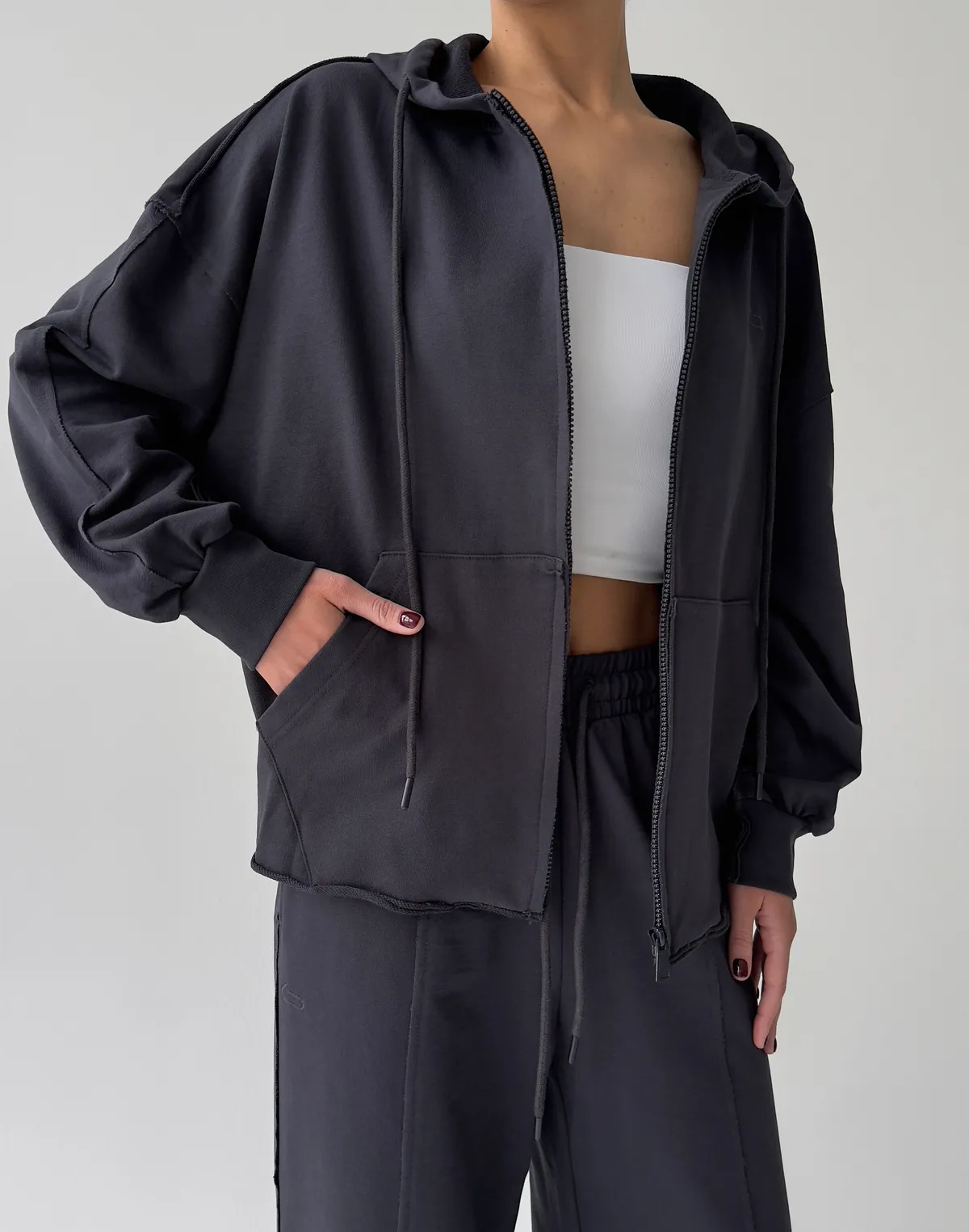 Зіпер оверсайз з декоративними швами, графіт - Фото 1