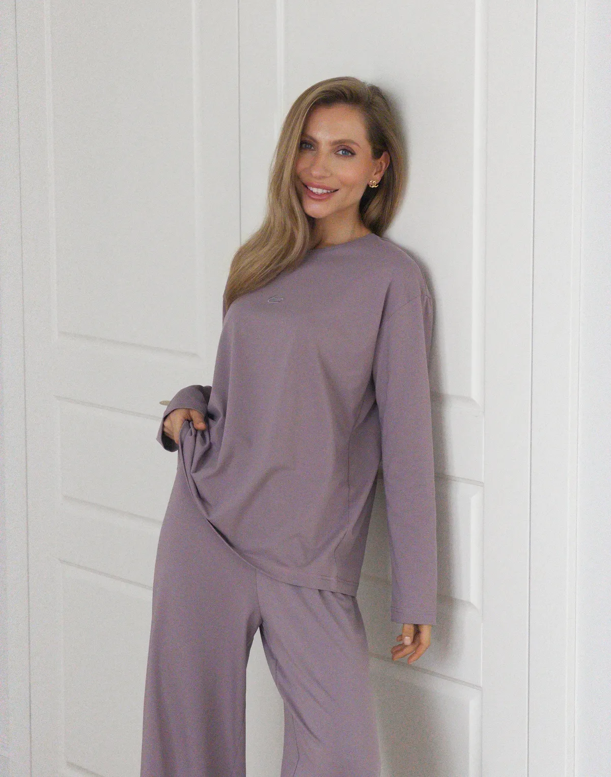 Піжамний лонгслів з ніжної бавовняної тканини, фіолетовий - Фото 5