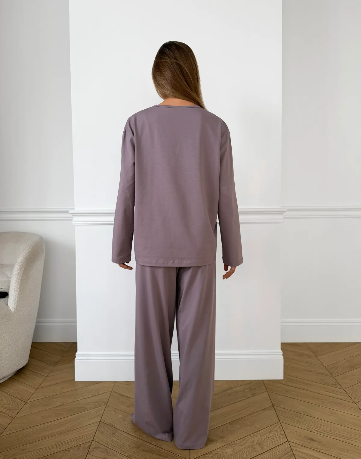 Комплект піжамний з ніжної бавовняної тканини лонгслів та штани, фіолетові - Фото 2