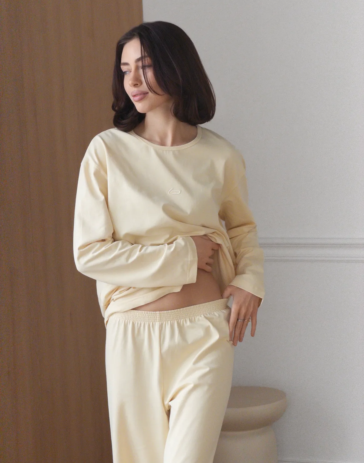 Піжамний лонгслів з ніжної бавовняної тканини, вершковий - Фото 6