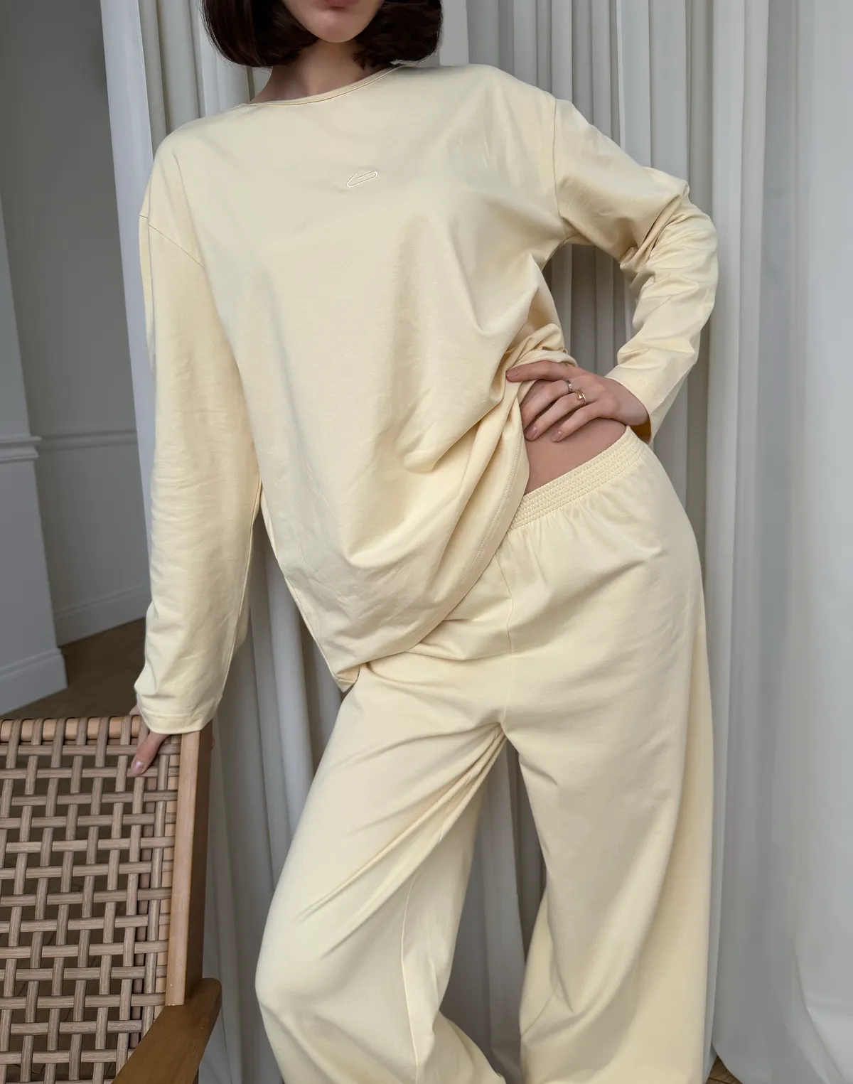 Піжамний лонгслів з ніжної бавовняної тканини, вершковий - Фото 4