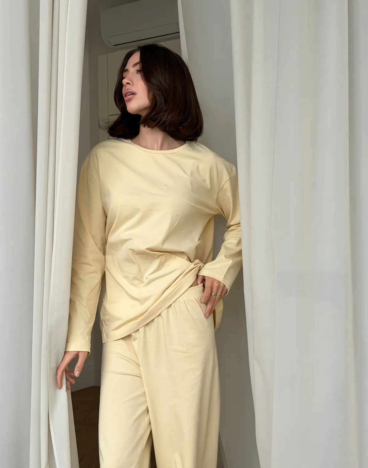 Піжамний лонгслів з ніжної бавовняної тканини, вершковий - Фото 3