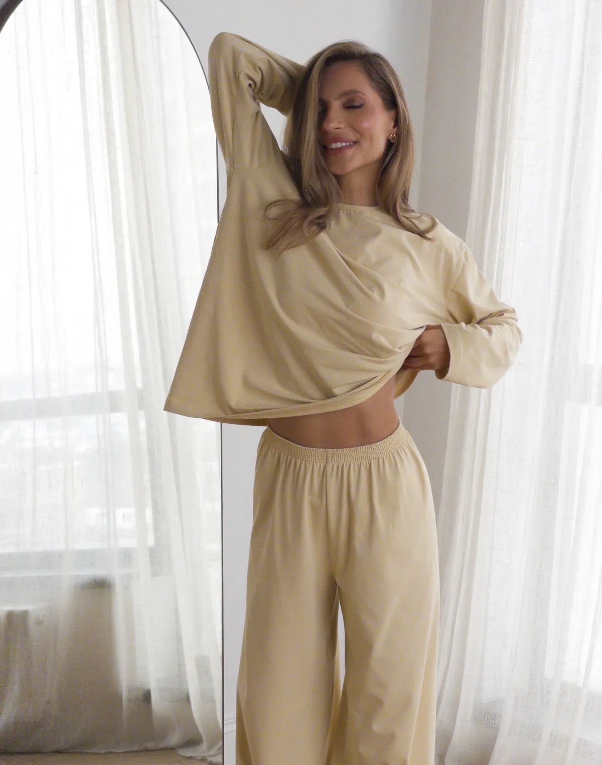 Піжамні штани з ніжної бавовняної тканини, пісочні - Фото 5