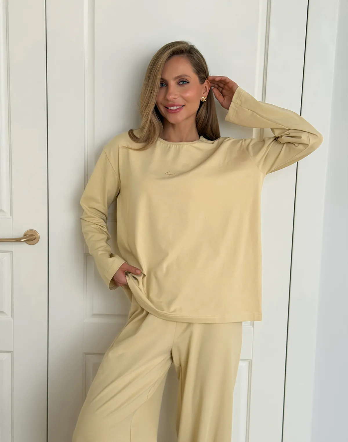 Піжамний лонгслів з ніжної бавовняної тканини, пісочний - Фото 5