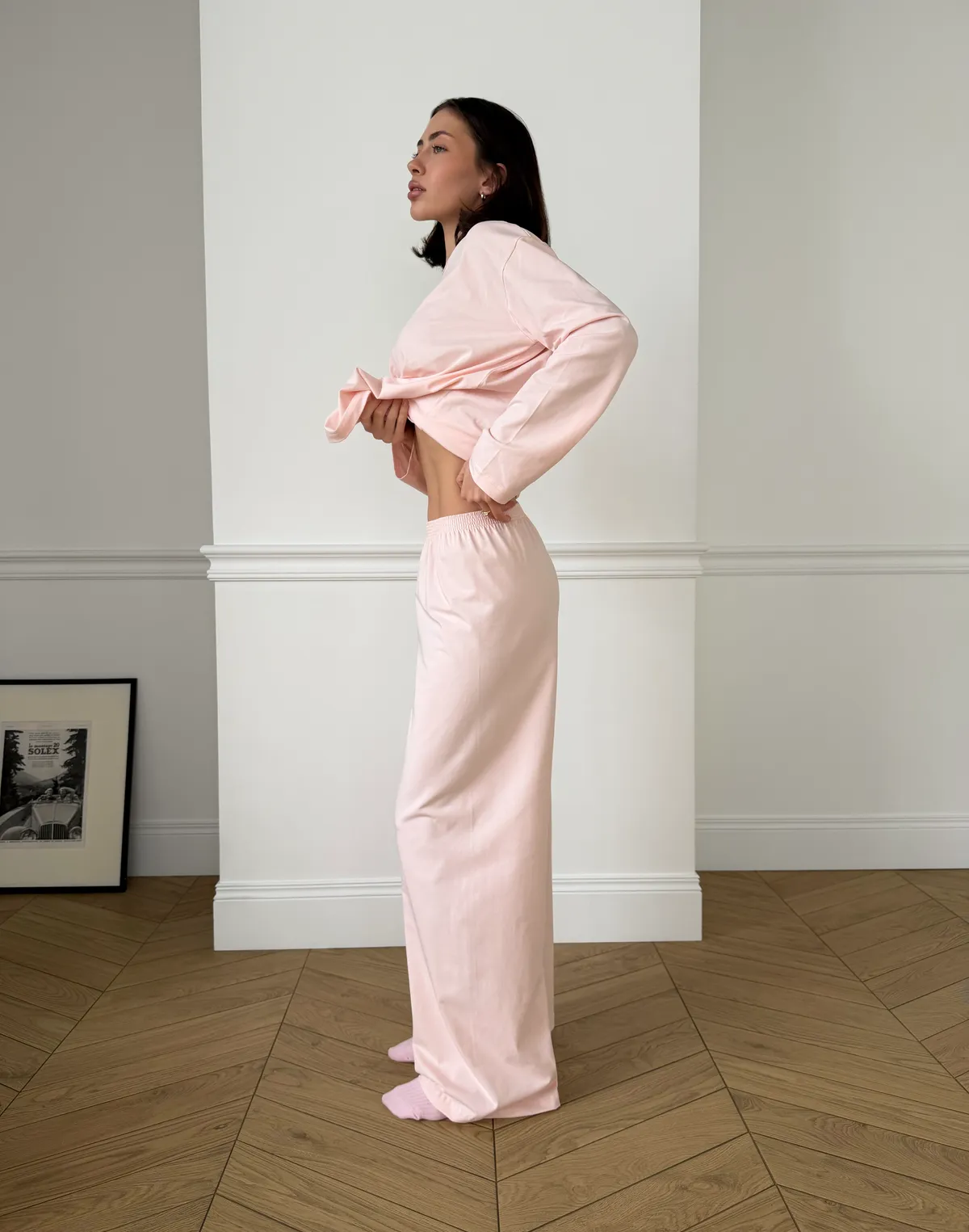 Комплект піжамний з ніжної бавовняної тканини лонгслів та штани, ніжно-рожеві - Фото 4
