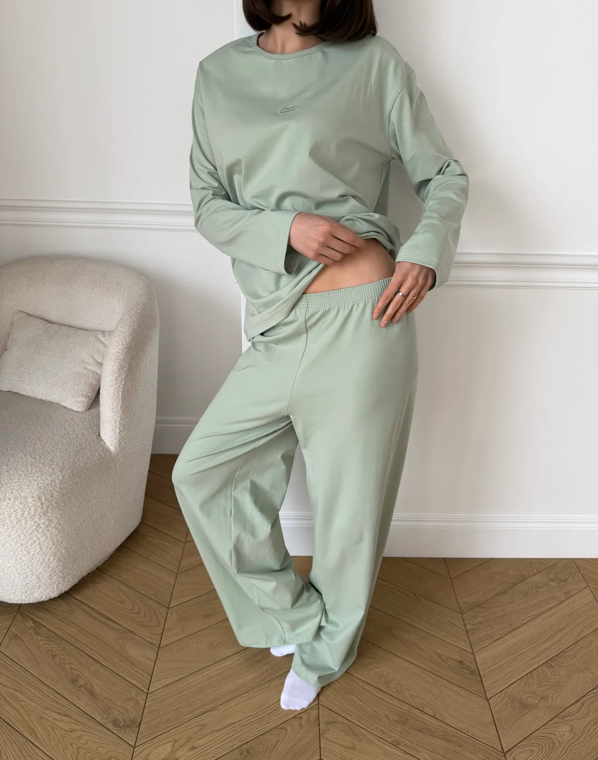 Піжамні штани з ніжної бавовняної тканини, пастельно-ментолові - Фото 4