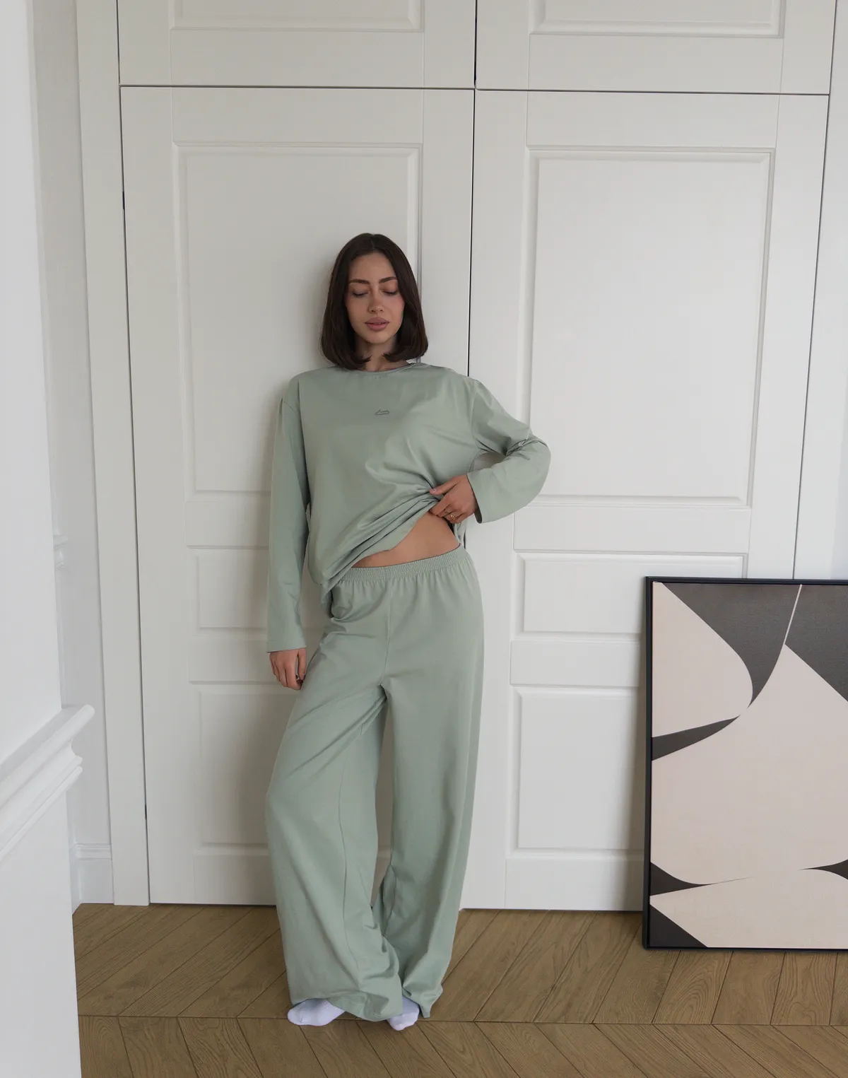 Піжамні штани з ніжної бавовняної тканини, пастельно-ментолові - Фото 3