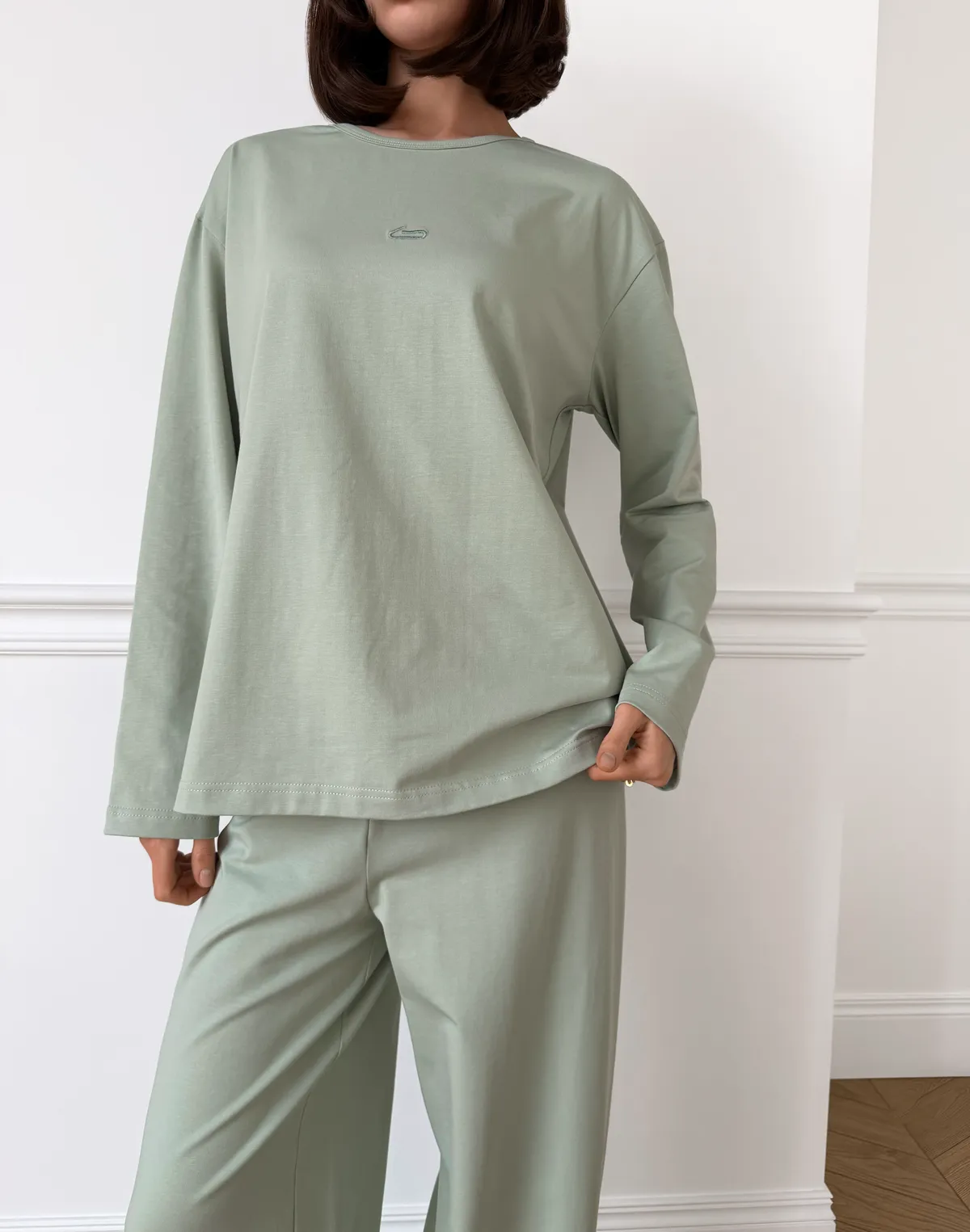 Піжамний лонгслів з ніжної бавовняної тканини, пастельно-ментоловий - Фото 1