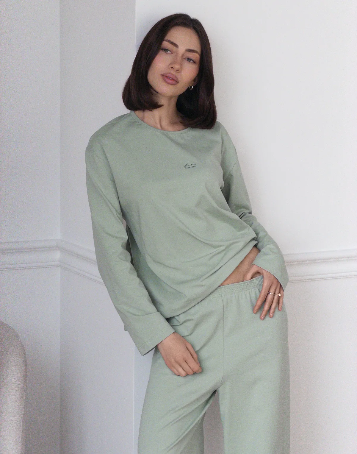 Піжамний лонгслів з ніжної бавовняної тканини, пастельно-ментоловий - Фото 4