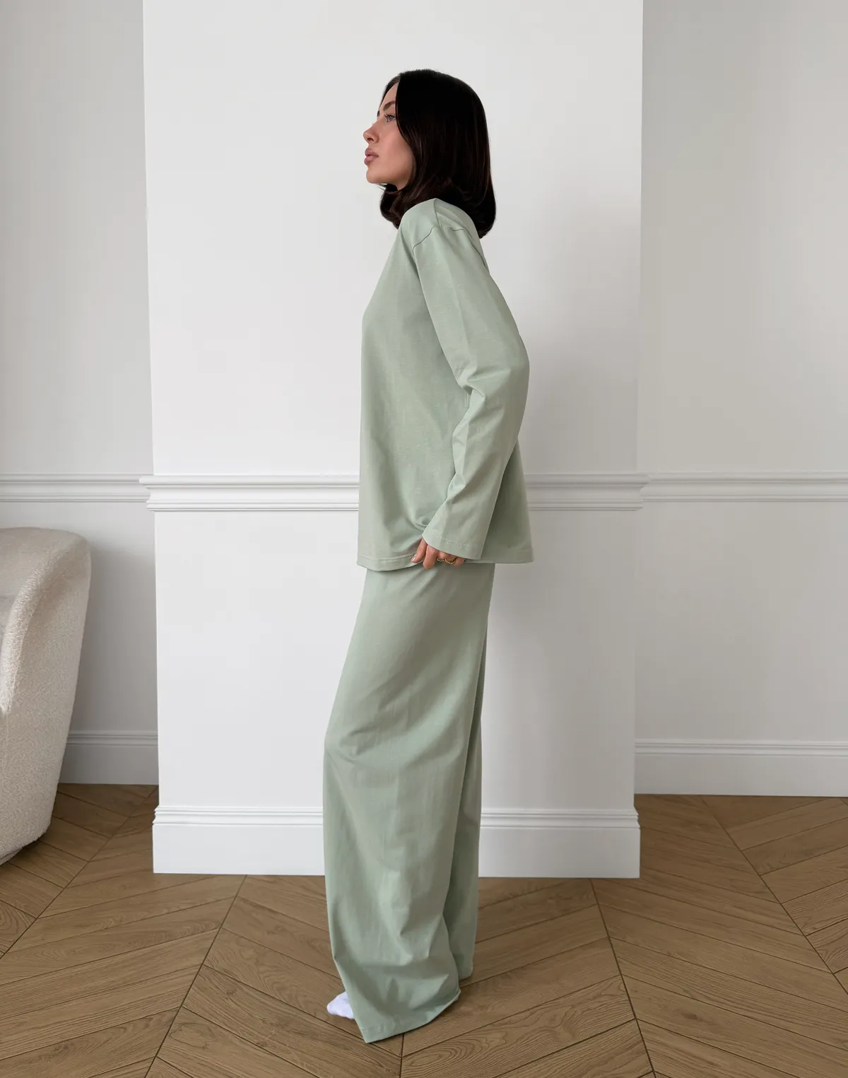 Комплект піжамний з ніжної бавовняної тканини лонгслів та штани, пастельно-ментолові - Фото 4