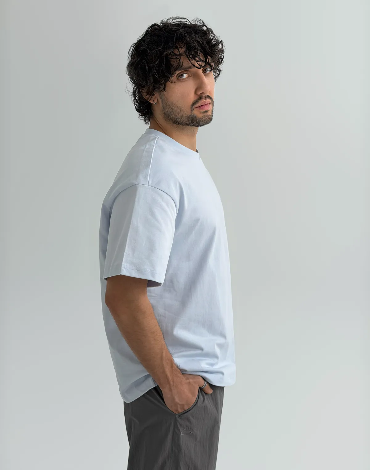 Футболка чоловіча оверсайз зі супер щільного котону з логотипом, холодний блакитний - Фото 6