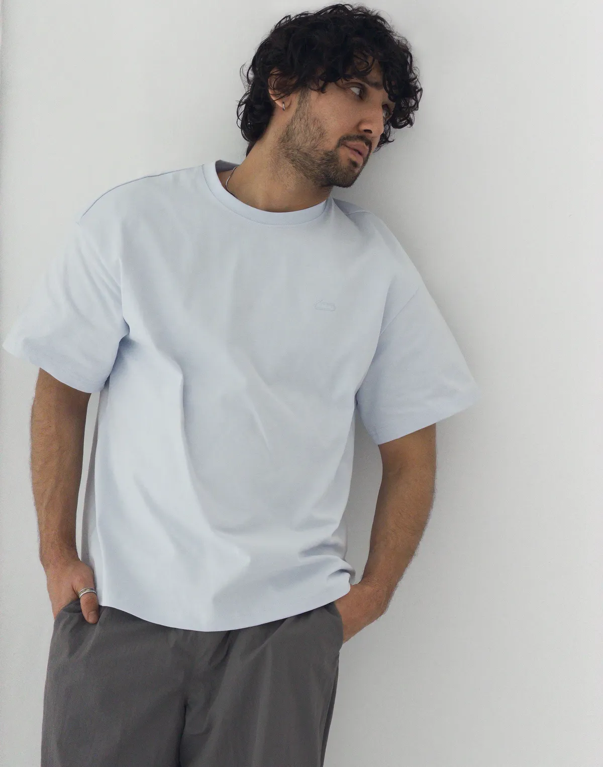 Футболка чоловіча оверсайз зі супер щільного котону з логотипом, холодний блакитний - Фото 3