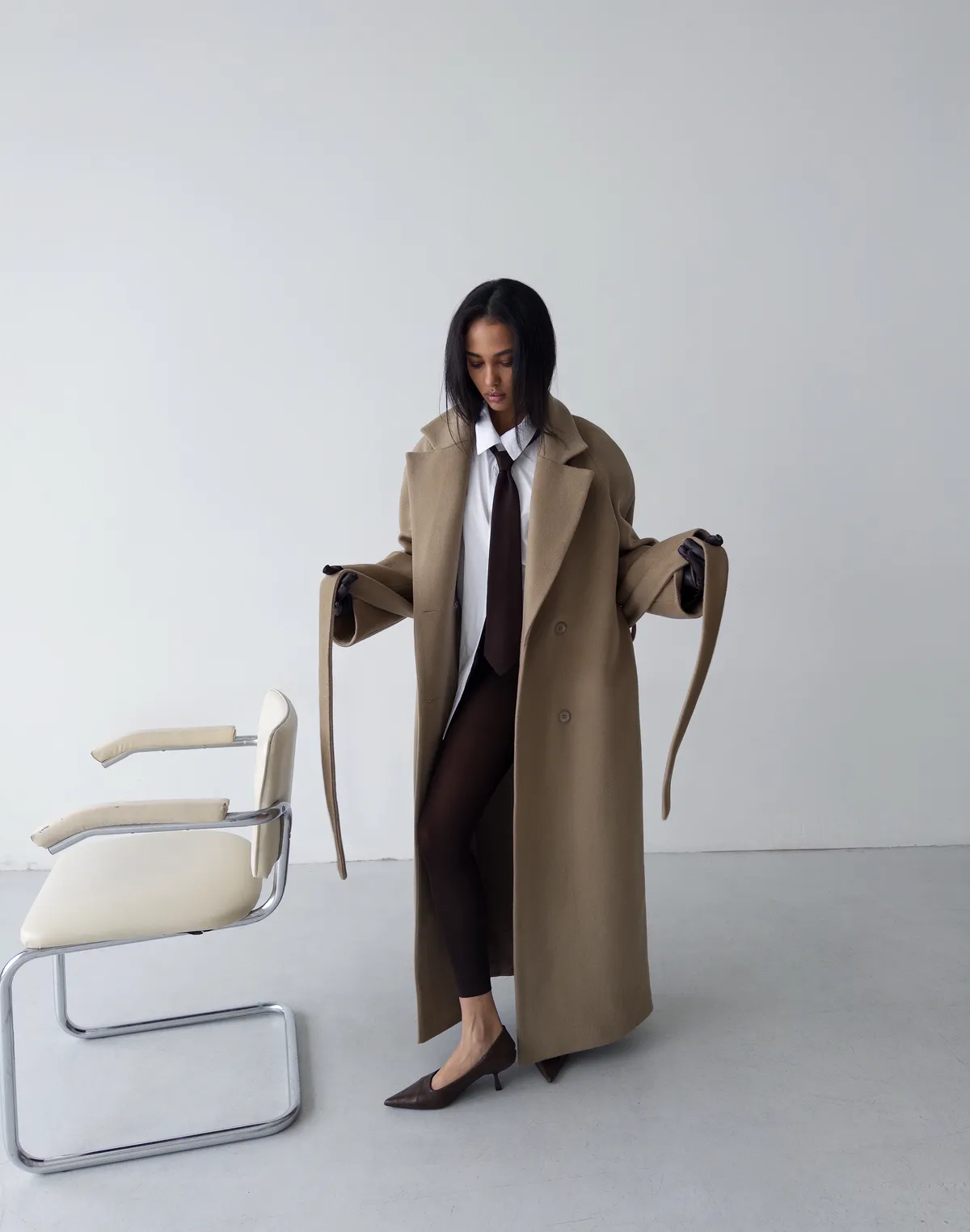 Пальто максі з натуральної 100% вовни розслабленого крою, кемел - Фото 7