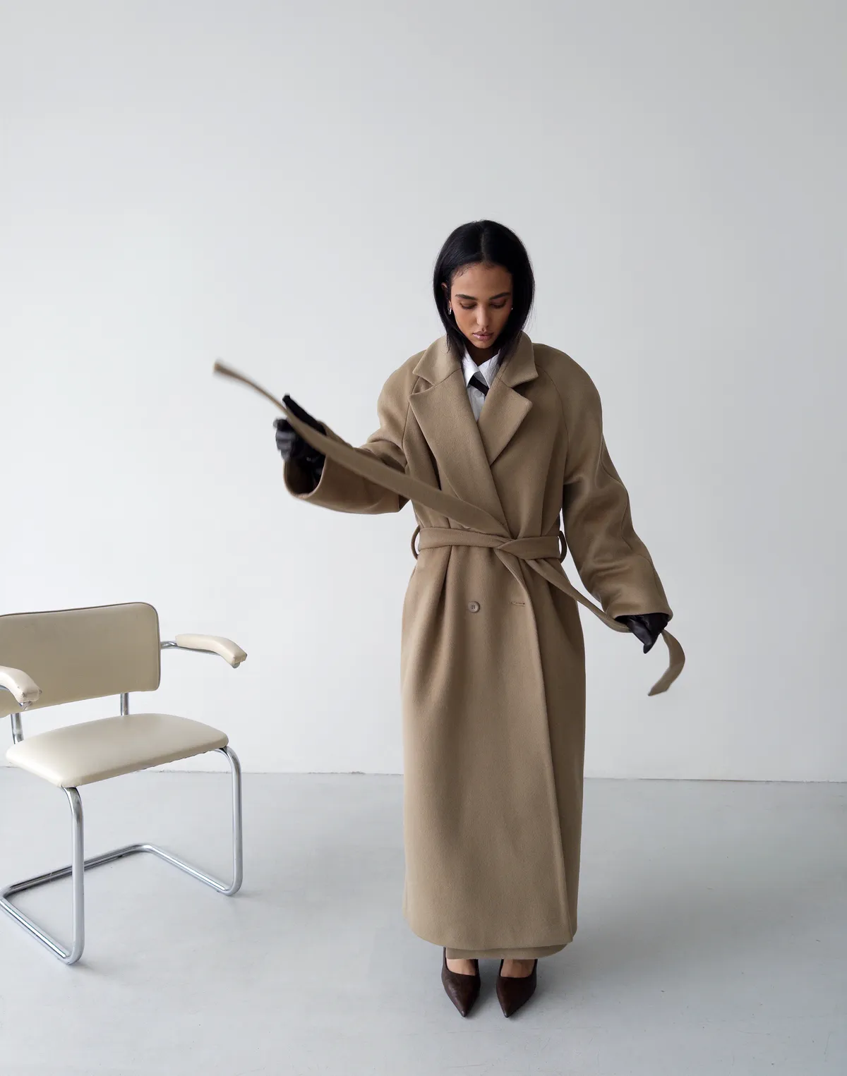 Пальто максі з натуральної 100% вовни розслабленого крою, кемел - Фото 6