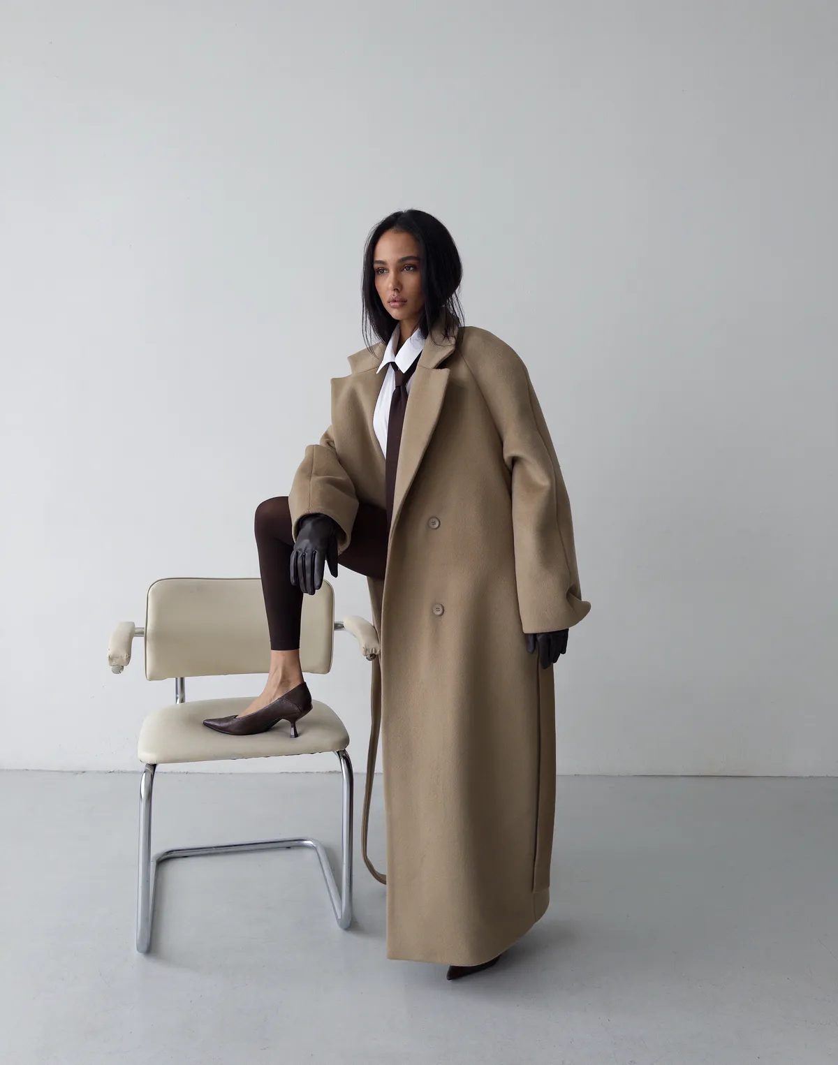 Пальто максі з натуральної 100% вовни розслабленого крою, кемел - Фото 3